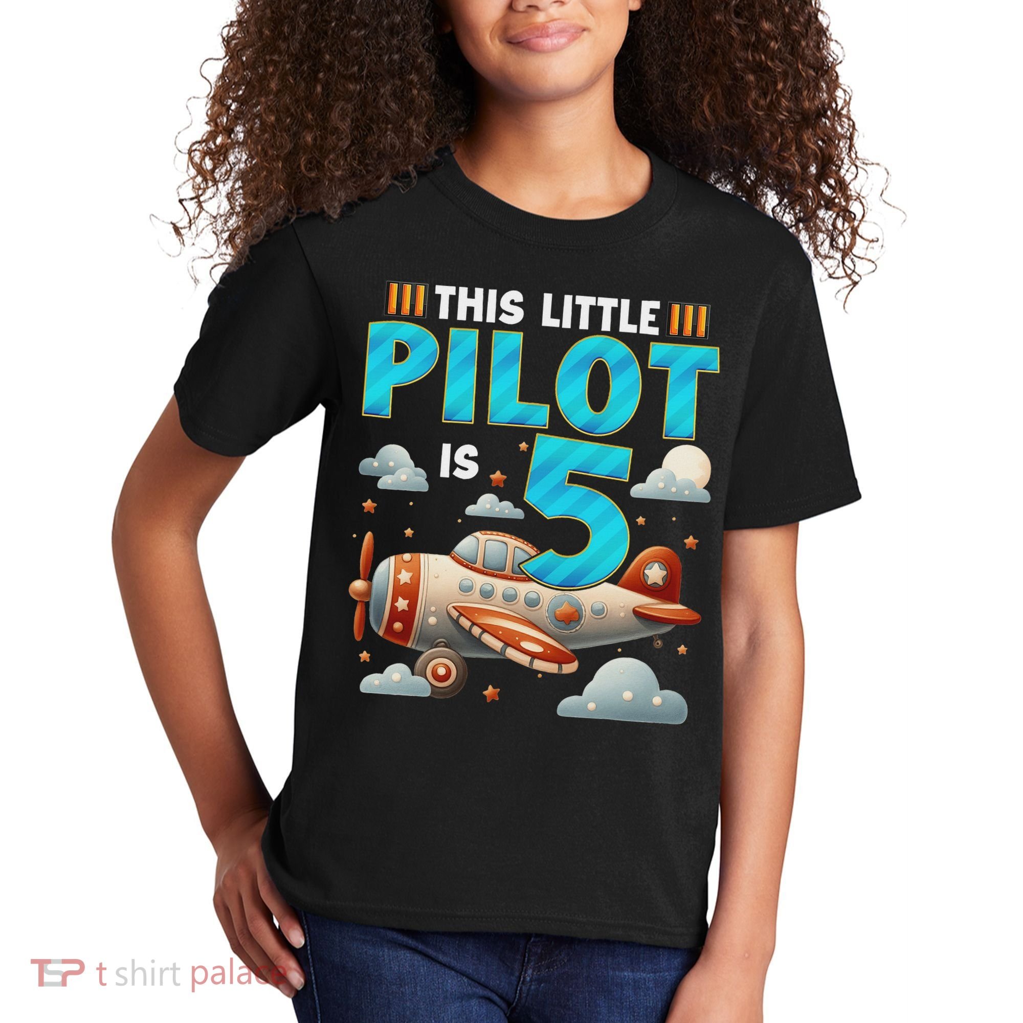 Little Pilot 5 Years Old Airplane 5th Birthday Aircraft Kids T-Shirt
