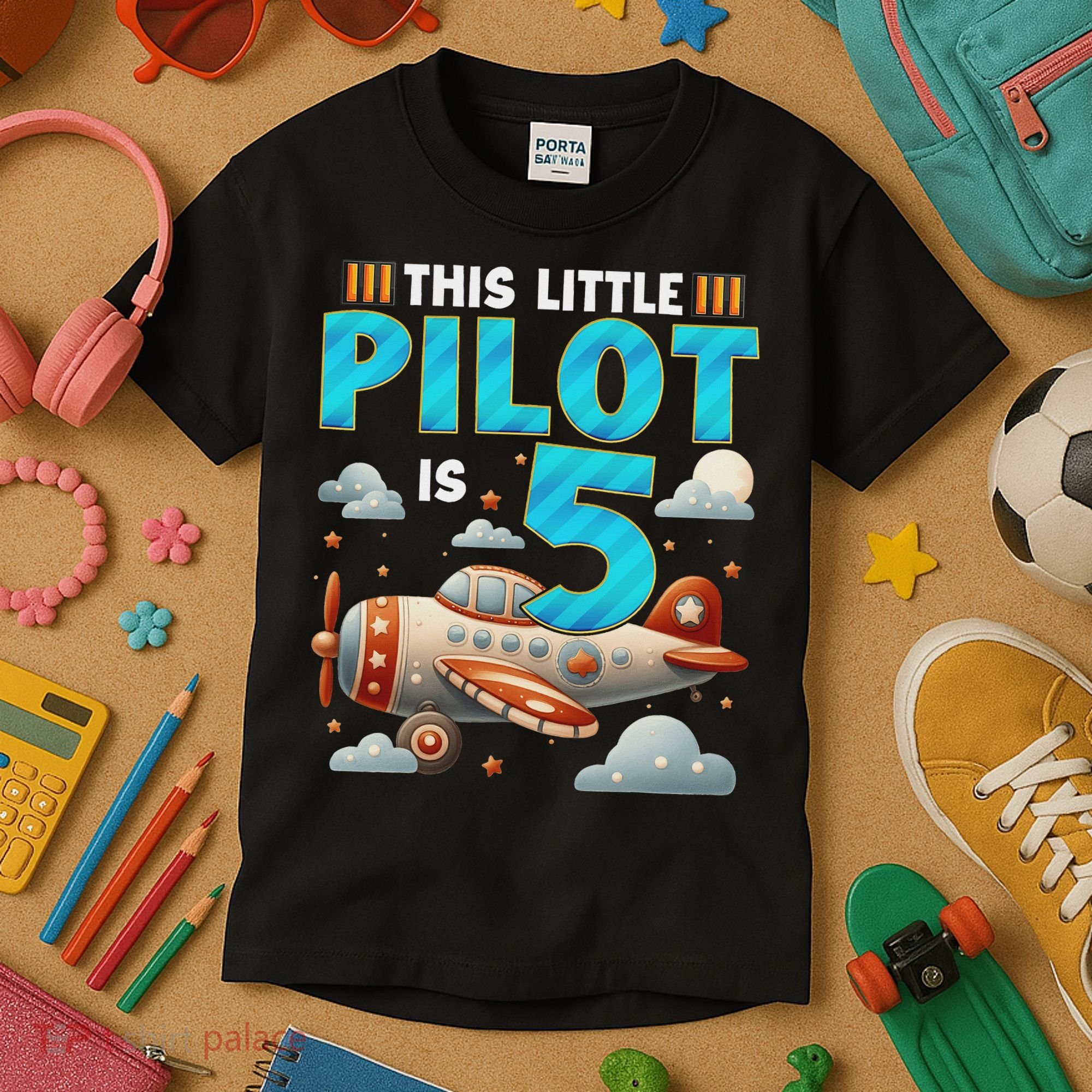 Little Pilot 5 Years Old Airplane 5th Birthday Aircraft Kids T-Shirt