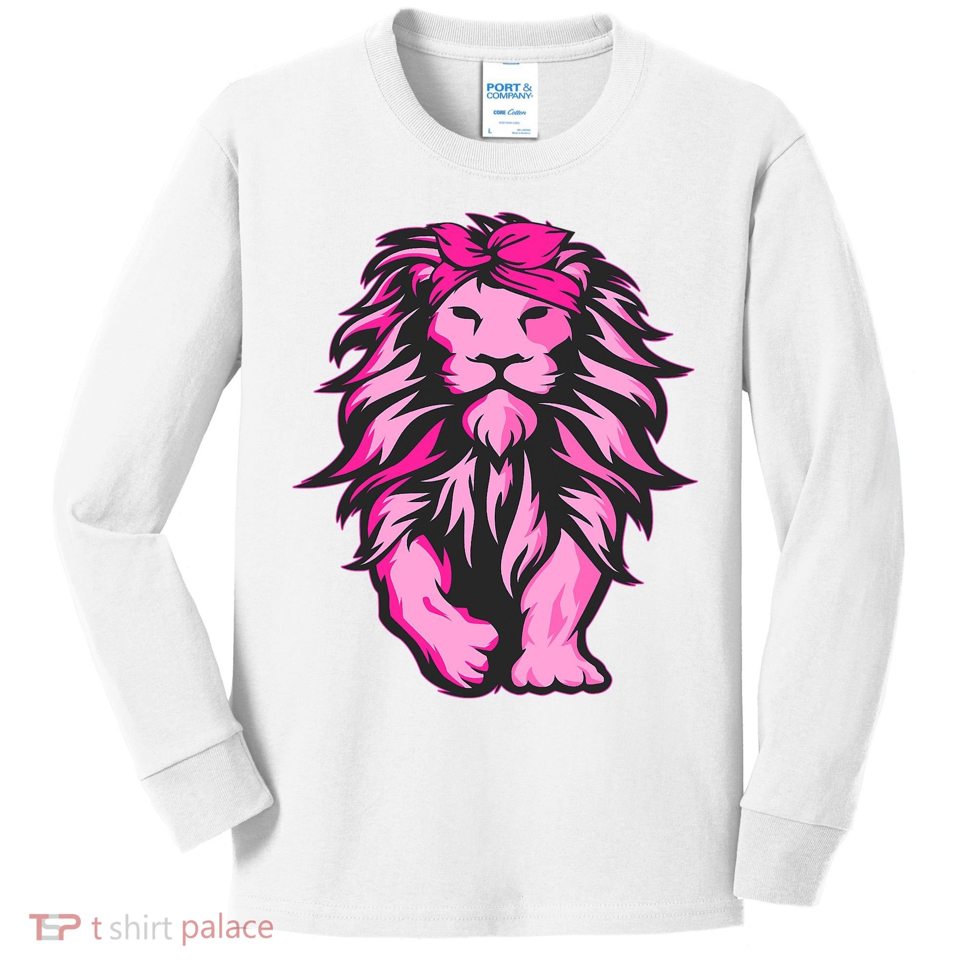 Lion Pink Bandana Breast Cancer Awareness Survivor Warrior Kids Long Sleeve Shirt