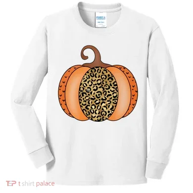 Leopard Pumpkin Fall Holiday Kids Long Sleeve Shirt