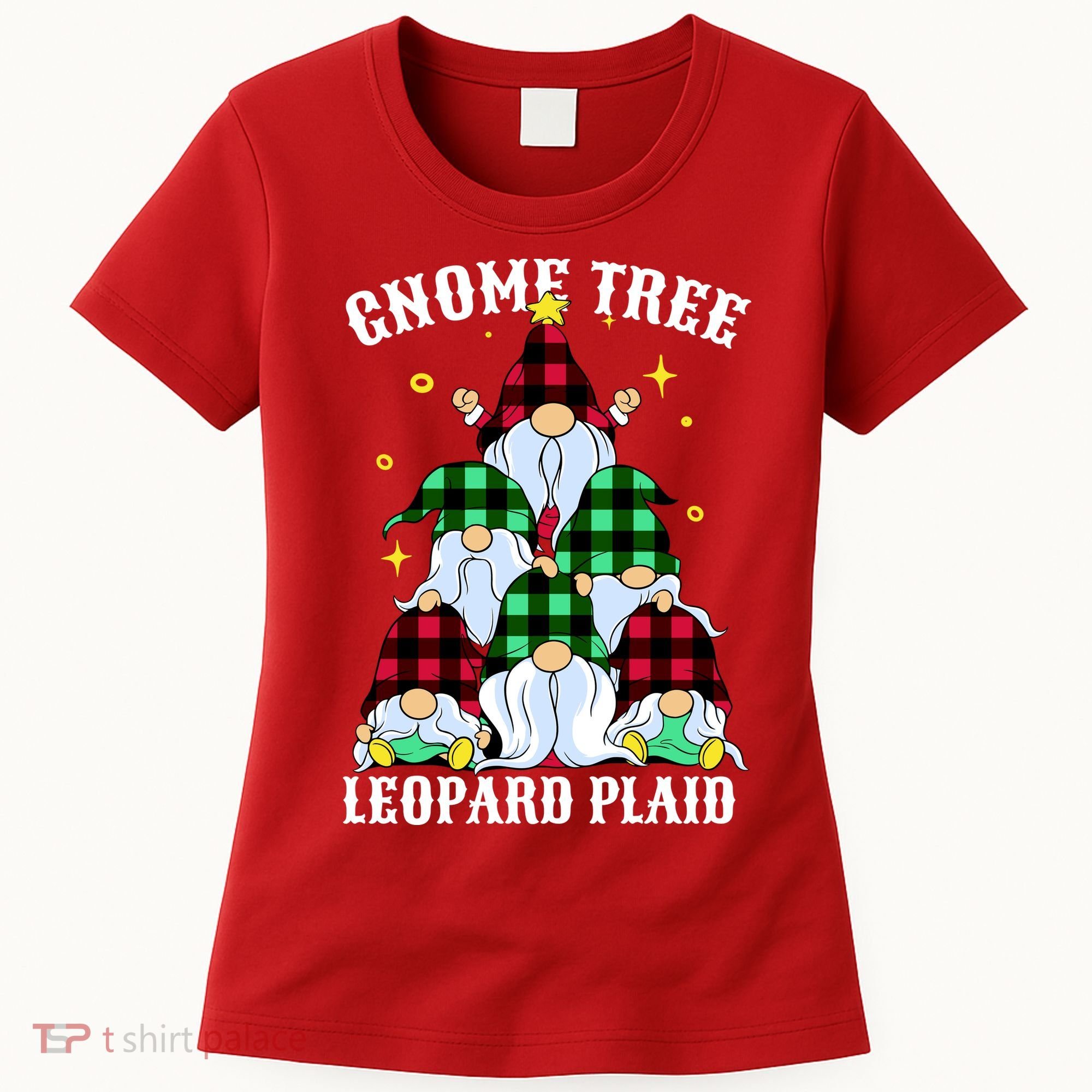 Leopard Plaid Gnome Christmas Tree Women's T-Shirt