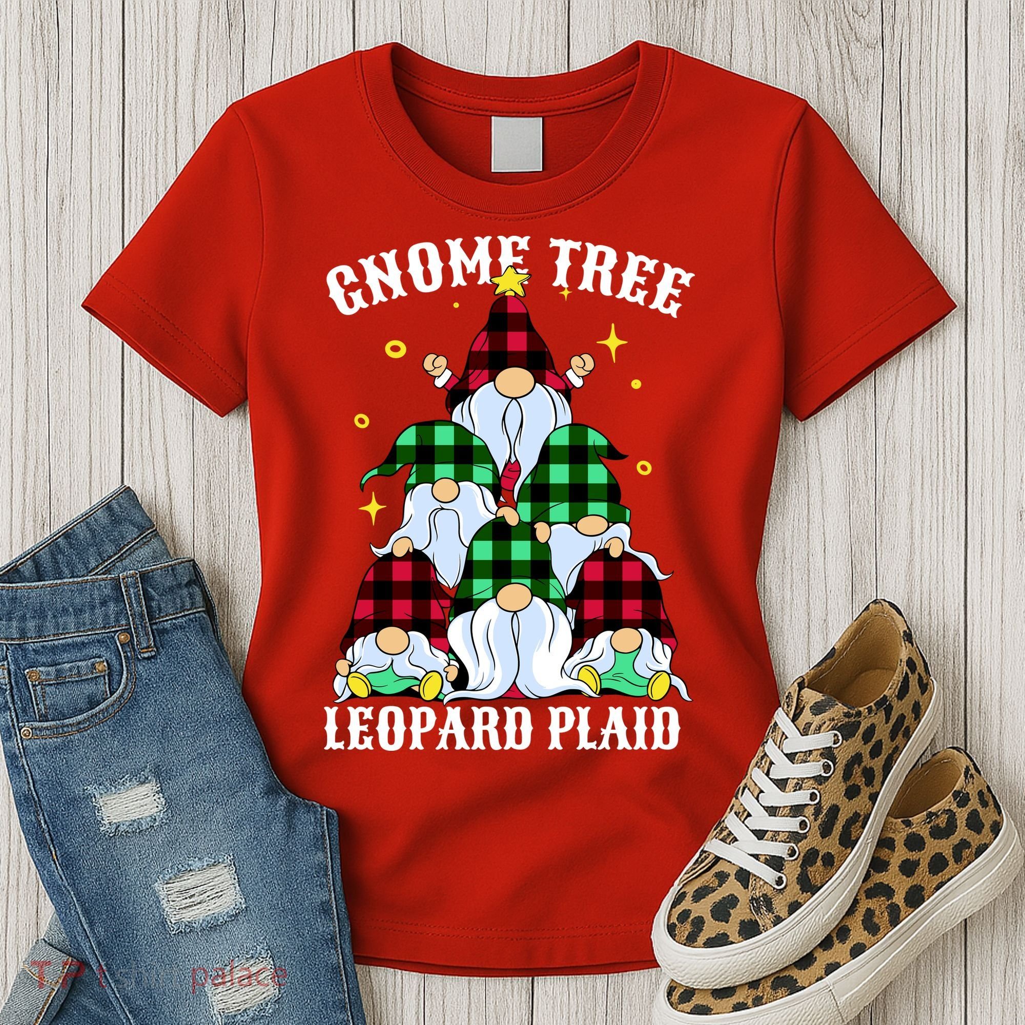 Leopard Plaid Gnome Christmas Tree Women's T-Shirt