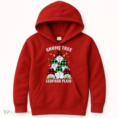 Leopard Plaid Gnome Christmas Tree Kids Hoodie