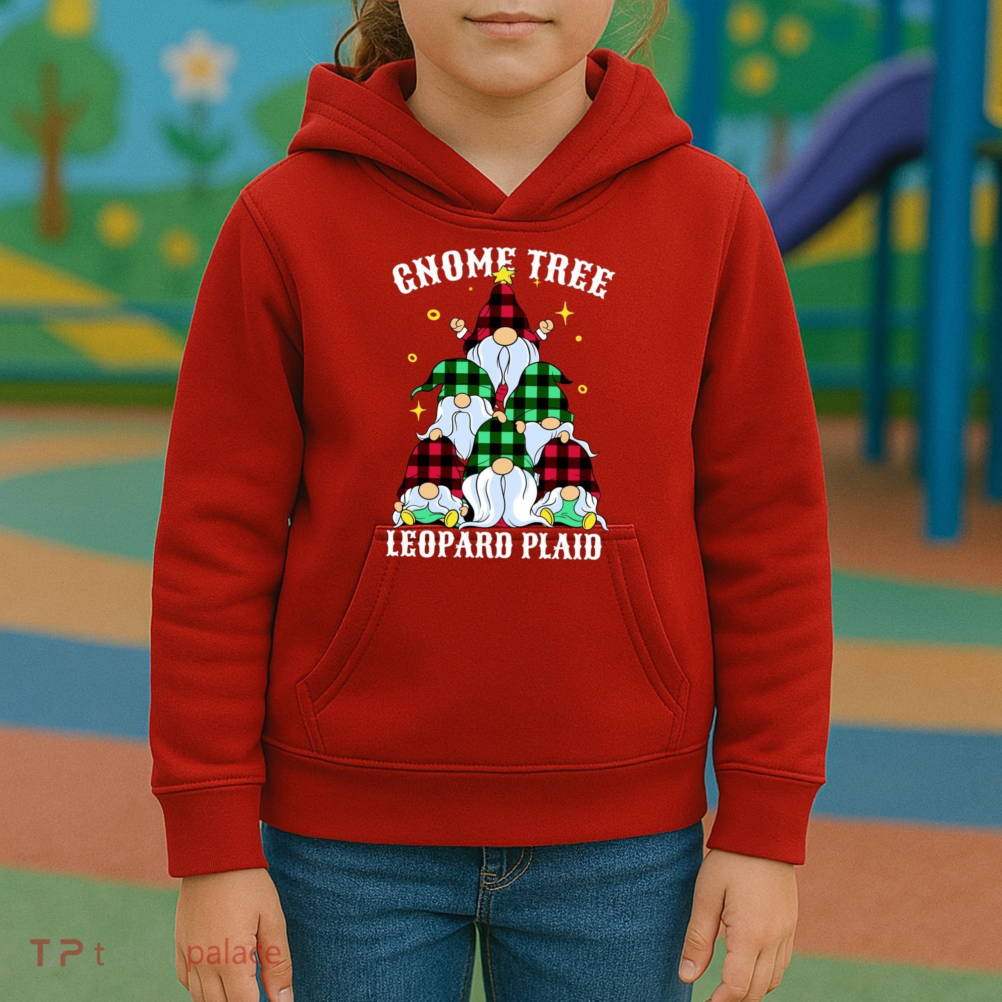 Leopard Plaid Gnome Christmas Tree Kids Hoodie