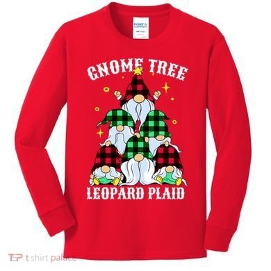 Leopard Plaid Gnome Christmas Tree Kids Long Sleeve Shirt
