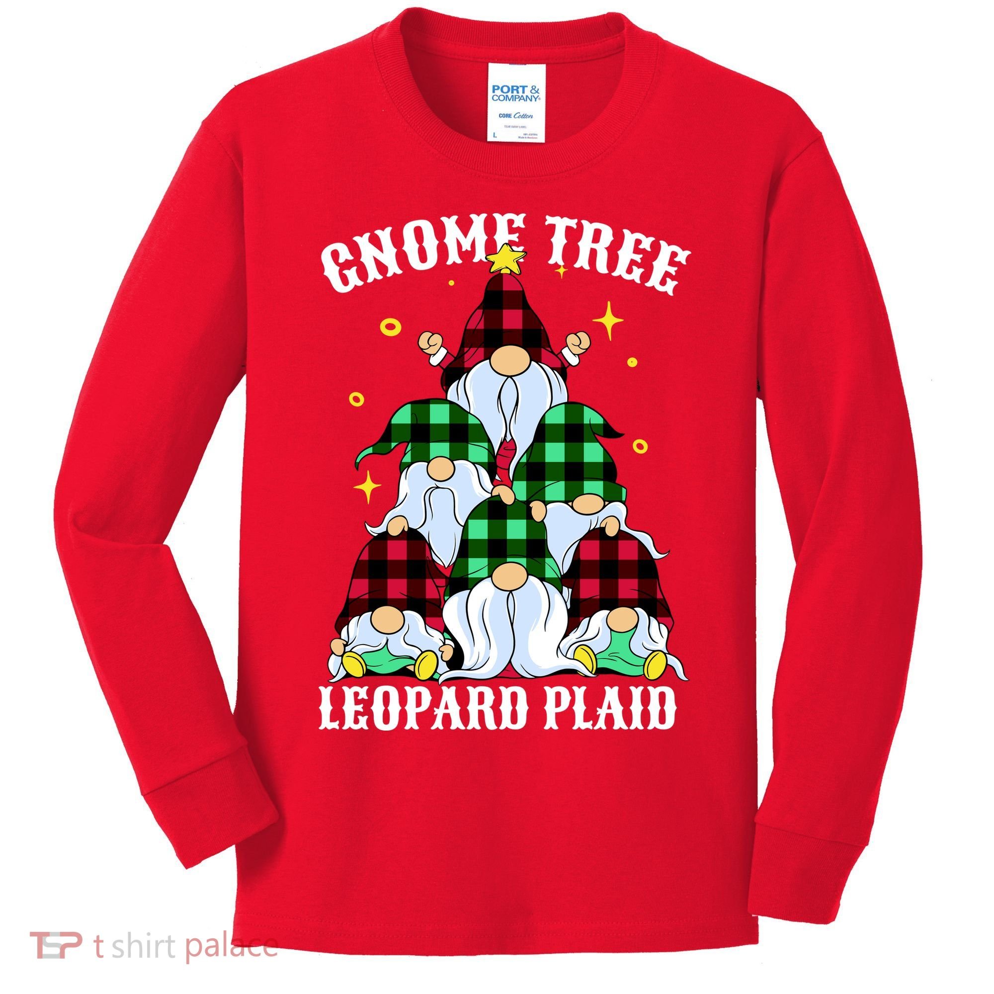 Leopard Plaid Gnome Christmas Tree Kids Long Sleeve Shirt