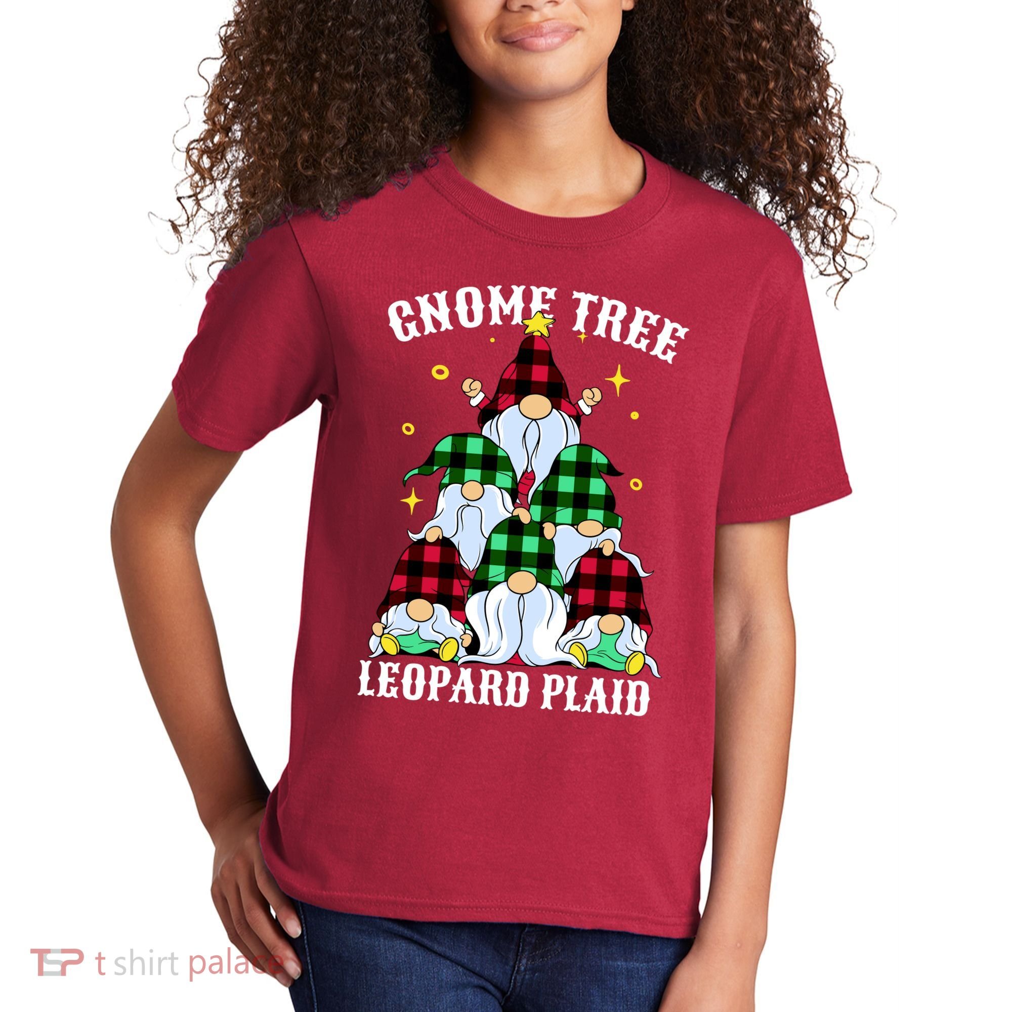 Leopard Plaid Gnome Christmas Tree Kids T-Shirt