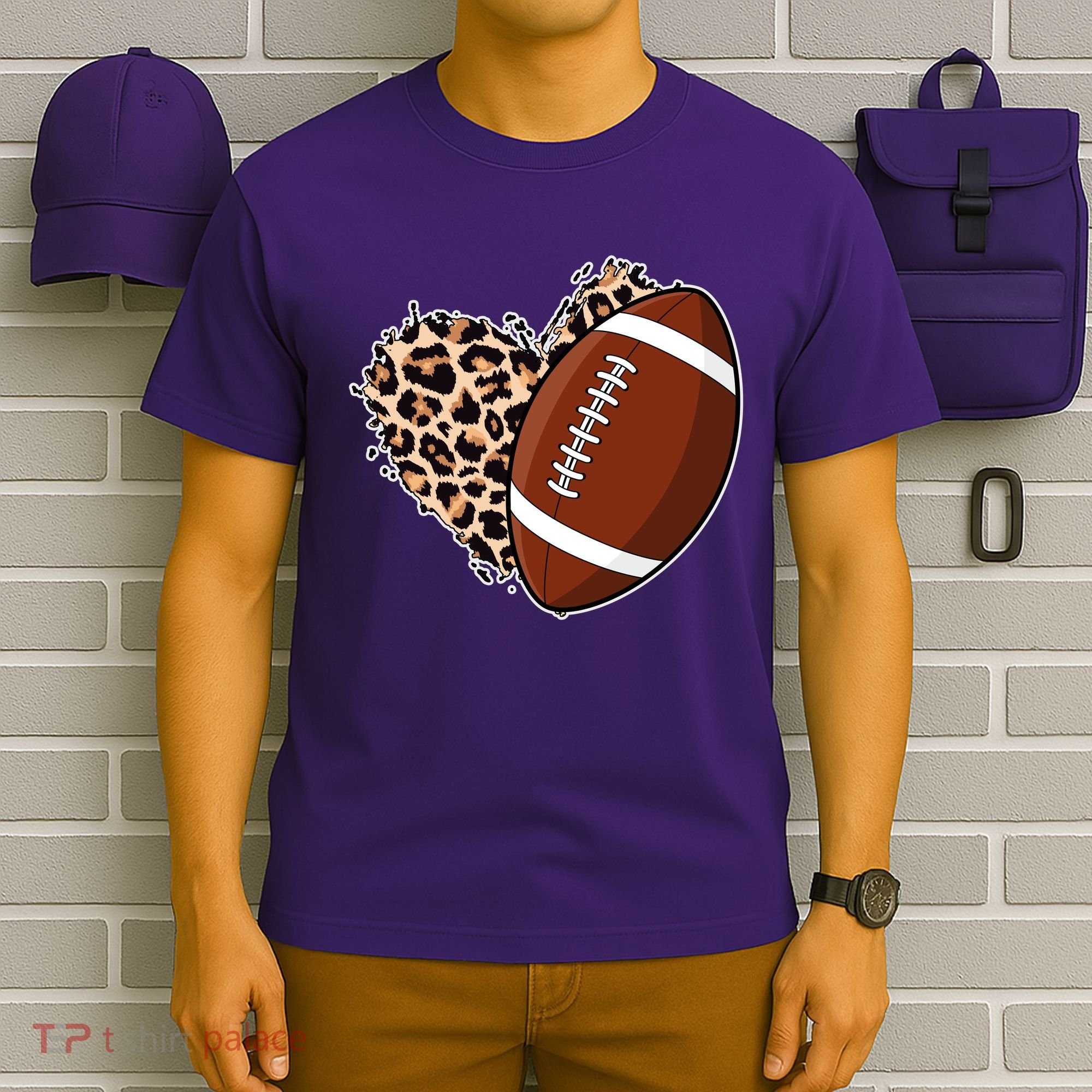 Leopard Print Heart Love Football Fan T-Shirt