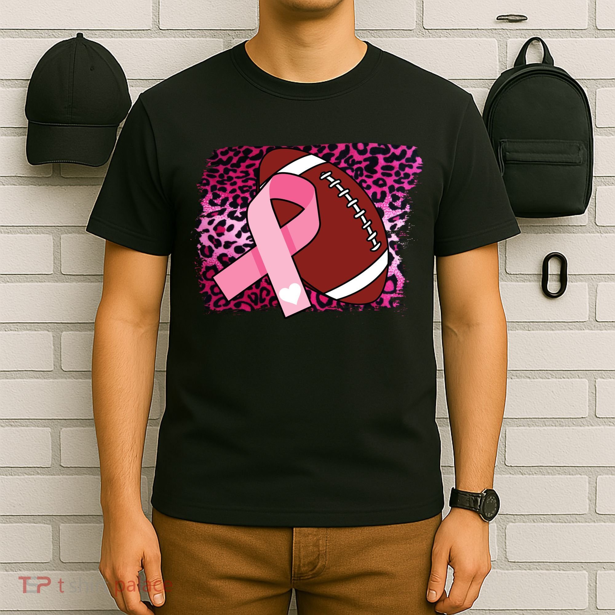 Leopard Pink Ribbon Breast Cancer Football T-Shirt