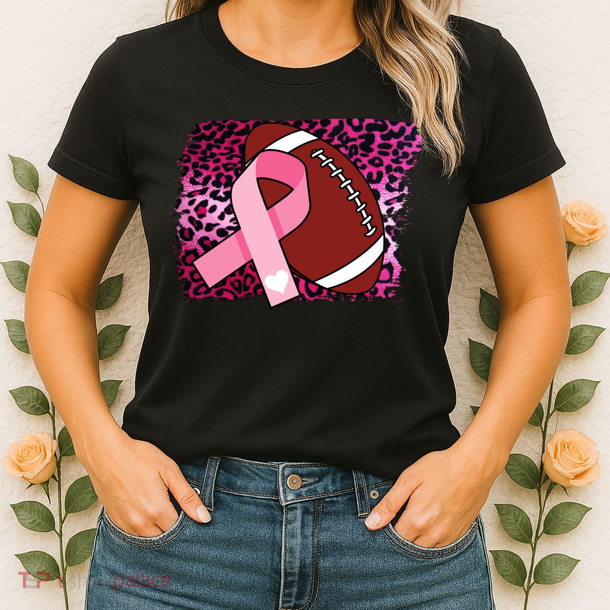 Leopard Pink Ribbon Breast Cancer Football Women's T-Shirt