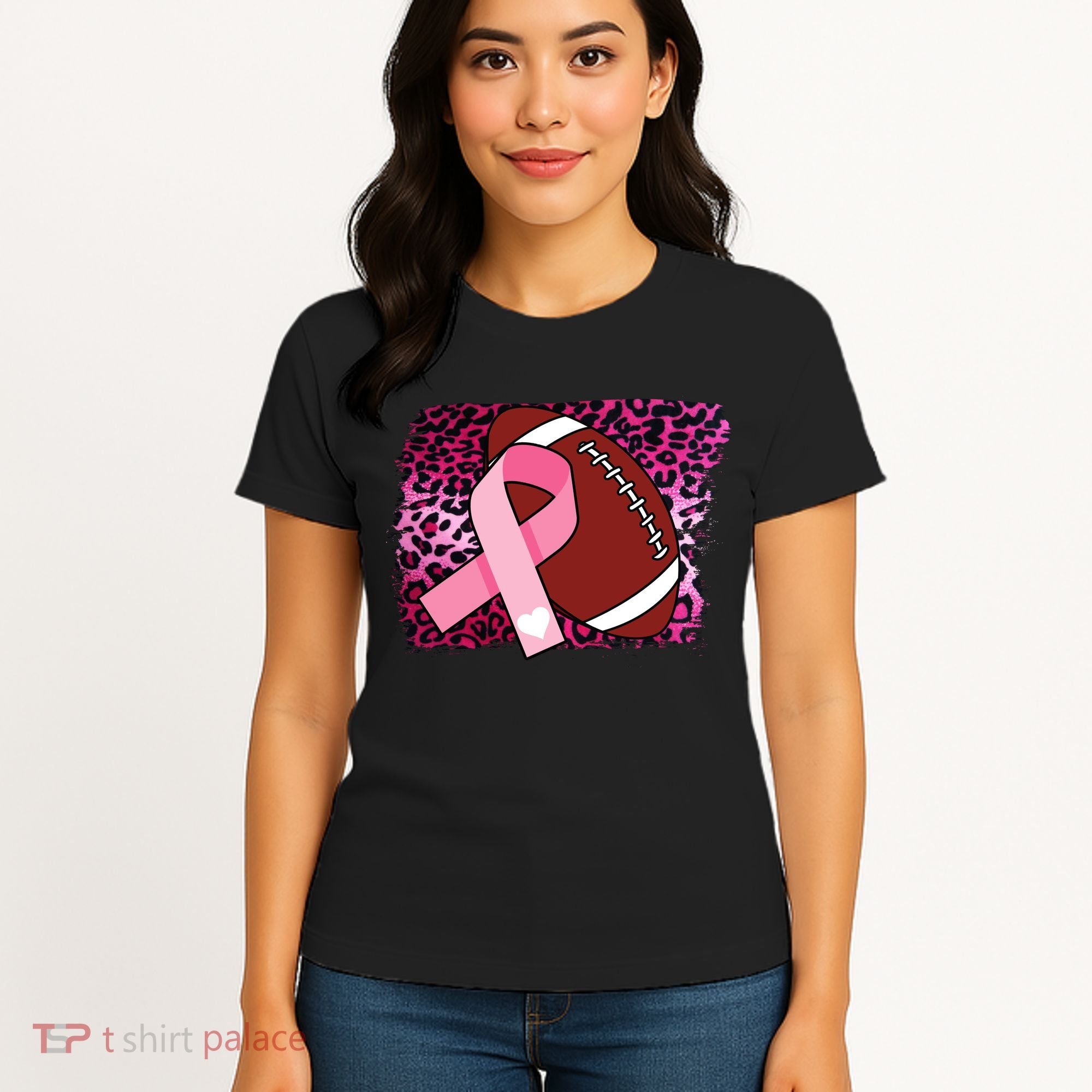Leopard Pink Ribbon Breast Cancer Football Women's T-Shirt