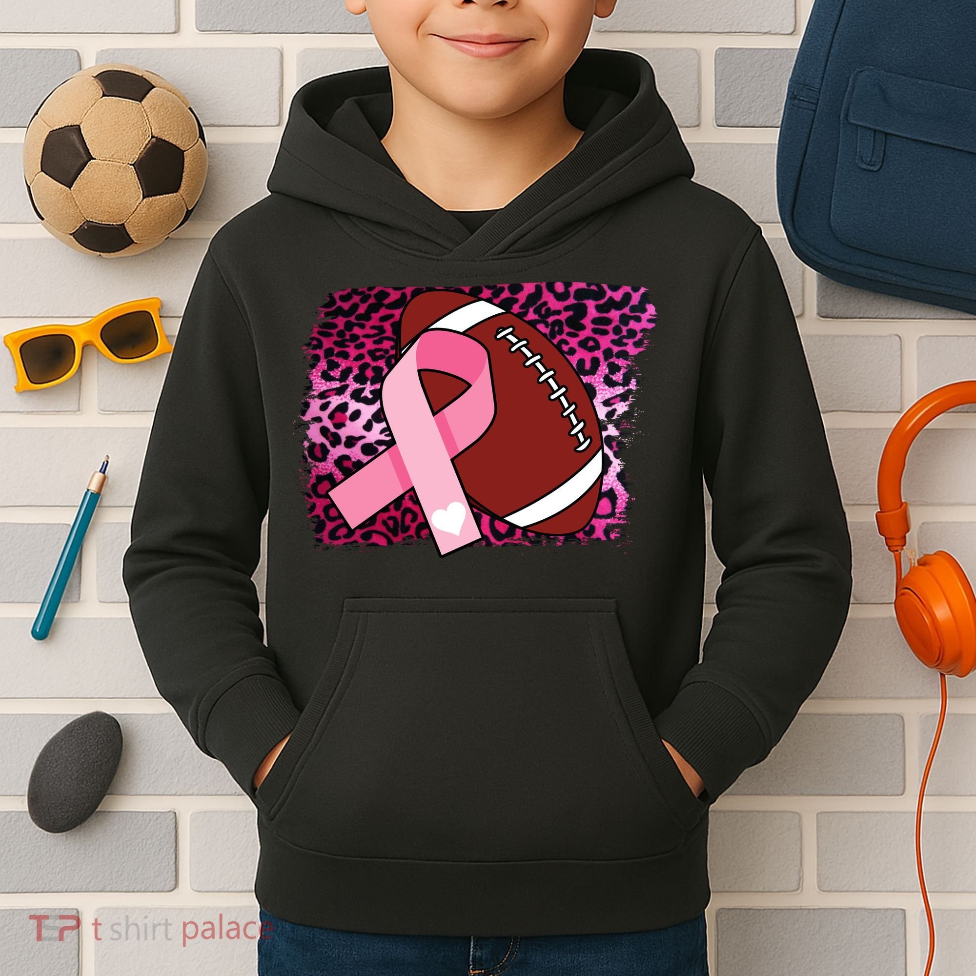 Leopard Pink Ribbon Breast Cancer Football Kids Hoodie