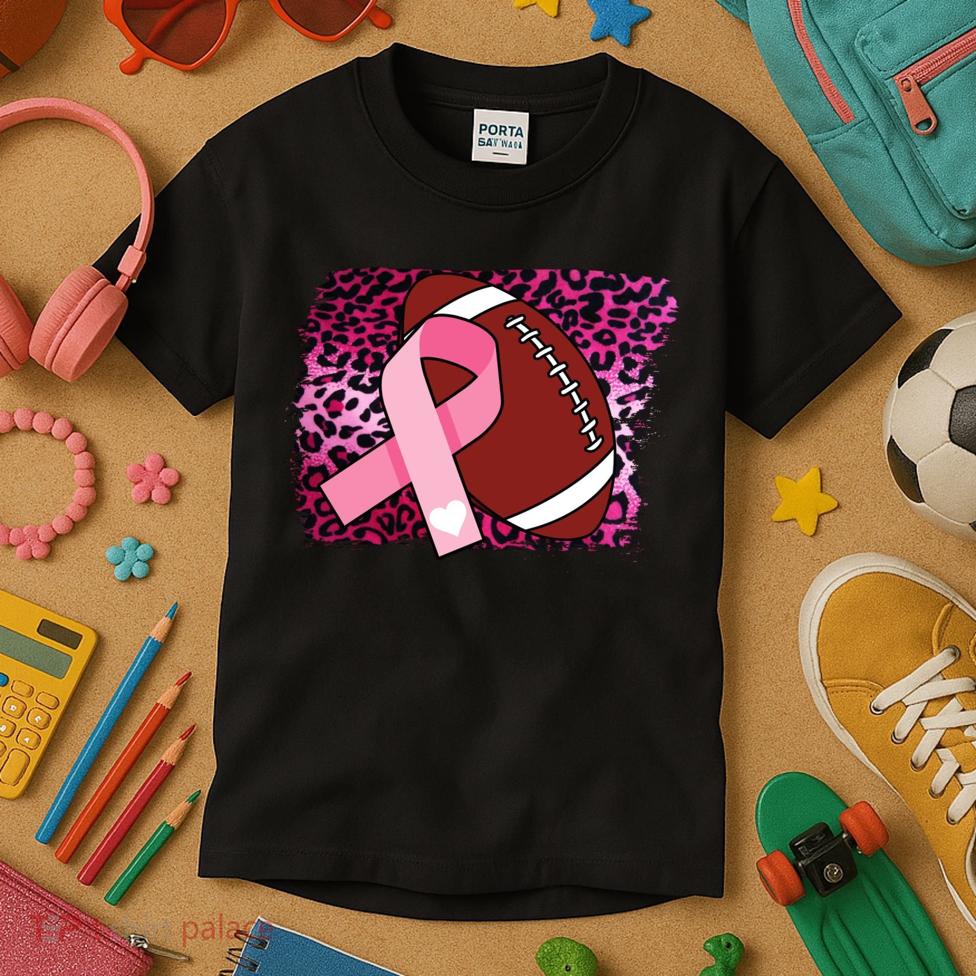 Leopard Pink Ribbon Breast Cancer Football Kids T-Shirt