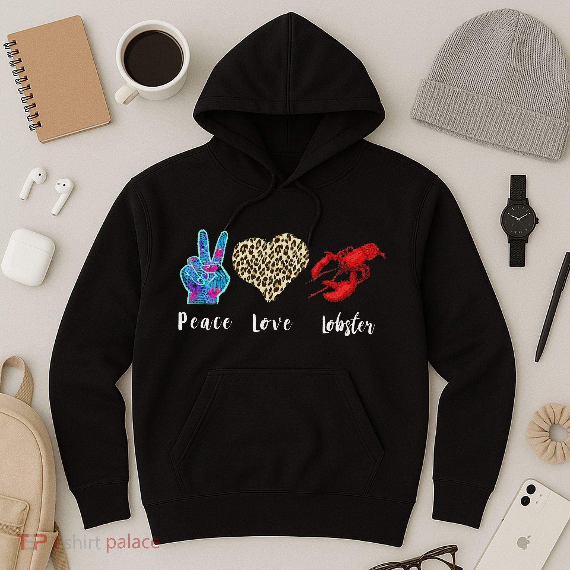 Love Peace Red Lobster Leopard Seafood Lover Lobster Eating Hoodie