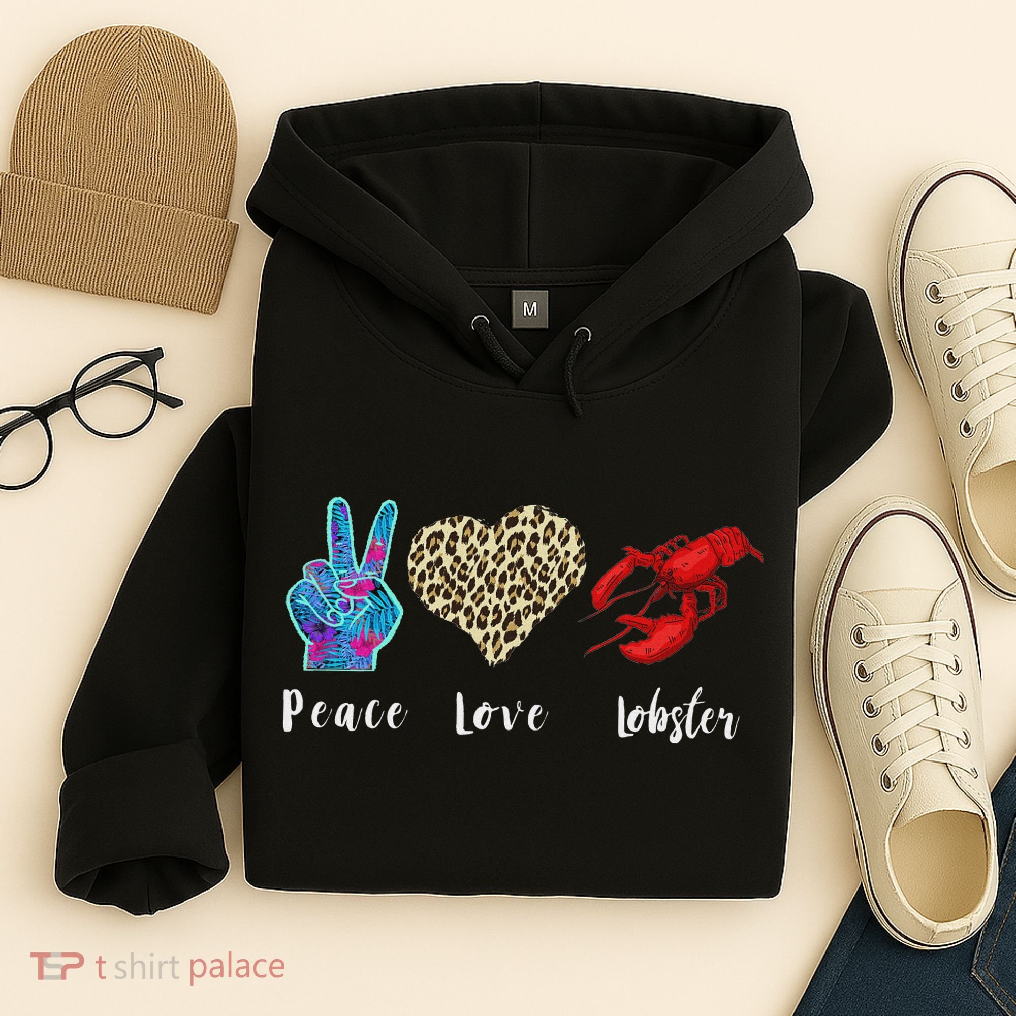 Love Peace Red Lobster Leopard Seafood Lover Lobster Eating Hoodie