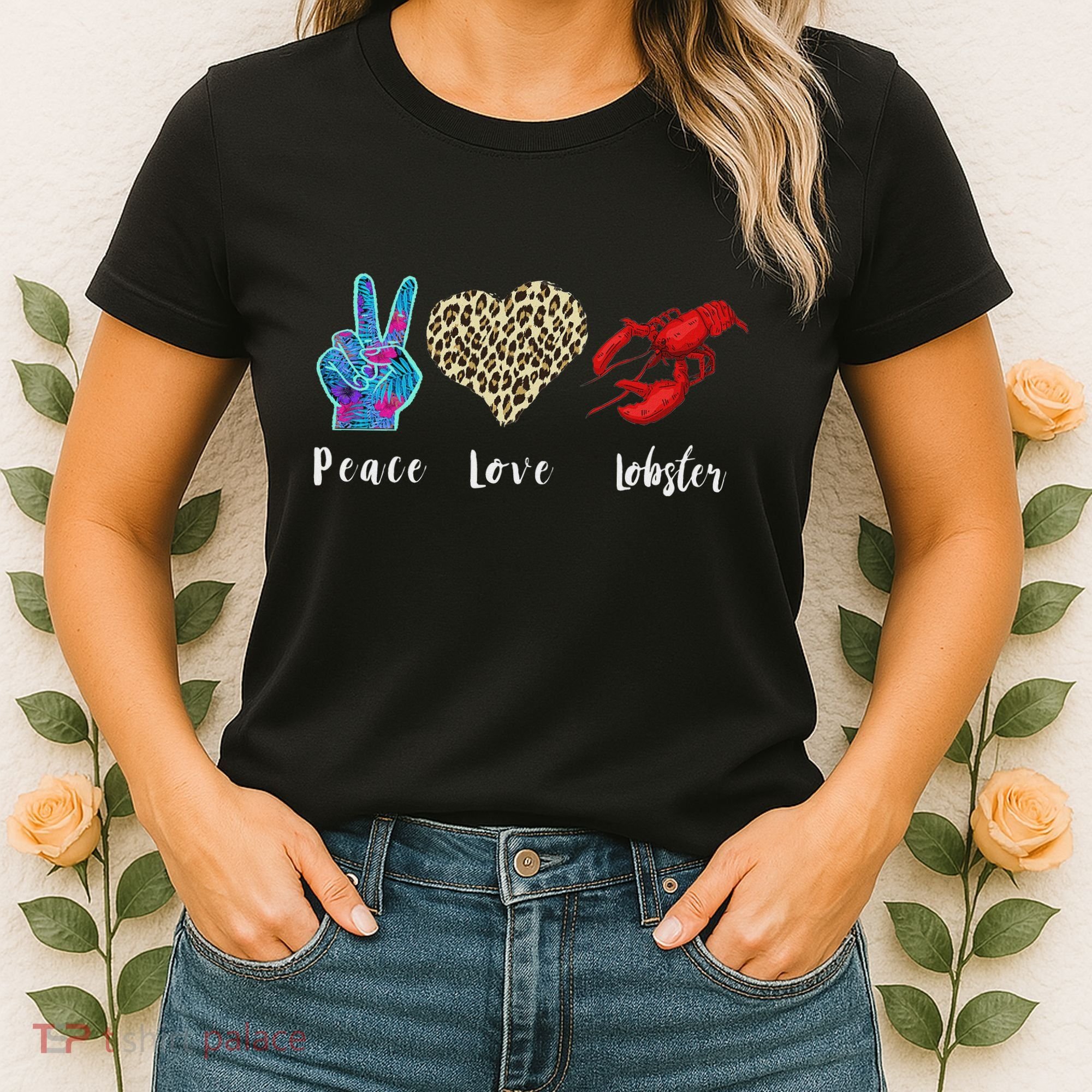 Love Peace Red Lobster Leopard Seafood Lover Lobster Eating Women's T-Shirt