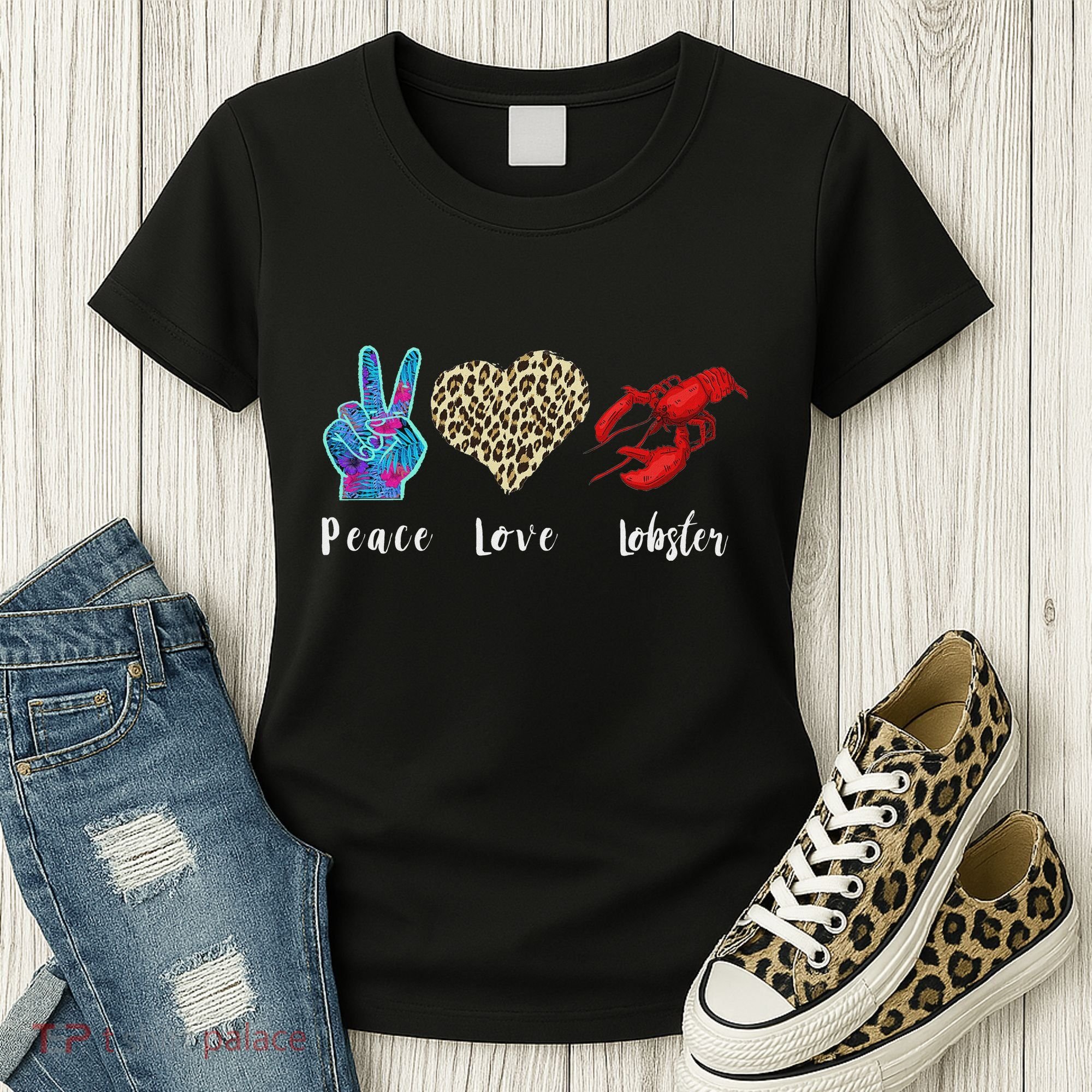 Love Peace Red Lobster Leopard Seafood Lover Lobster Eating Women's T-Shirt