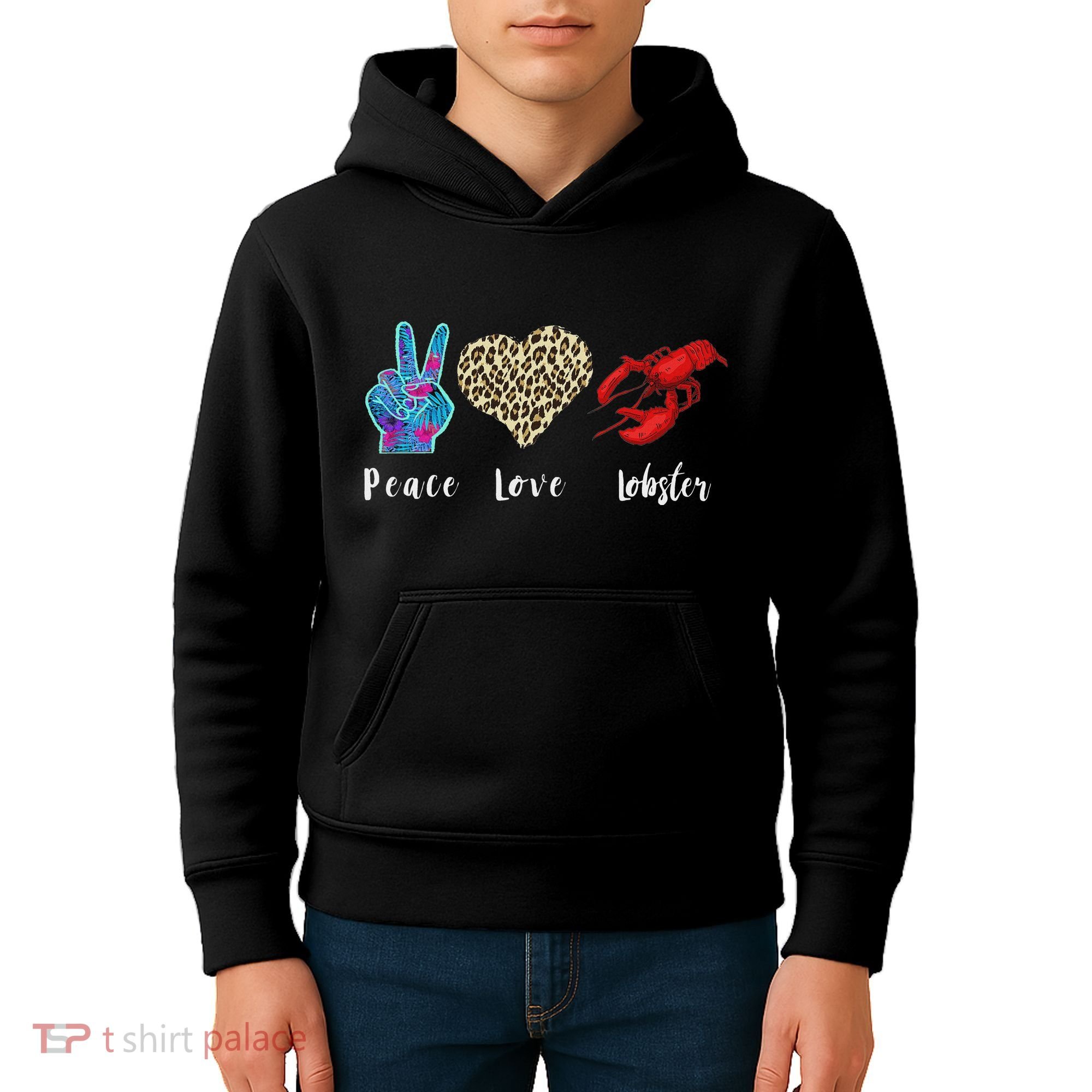 Love Peace Red Lobster Leopard Seafood Lover Lobster Eating Kids Hoodie