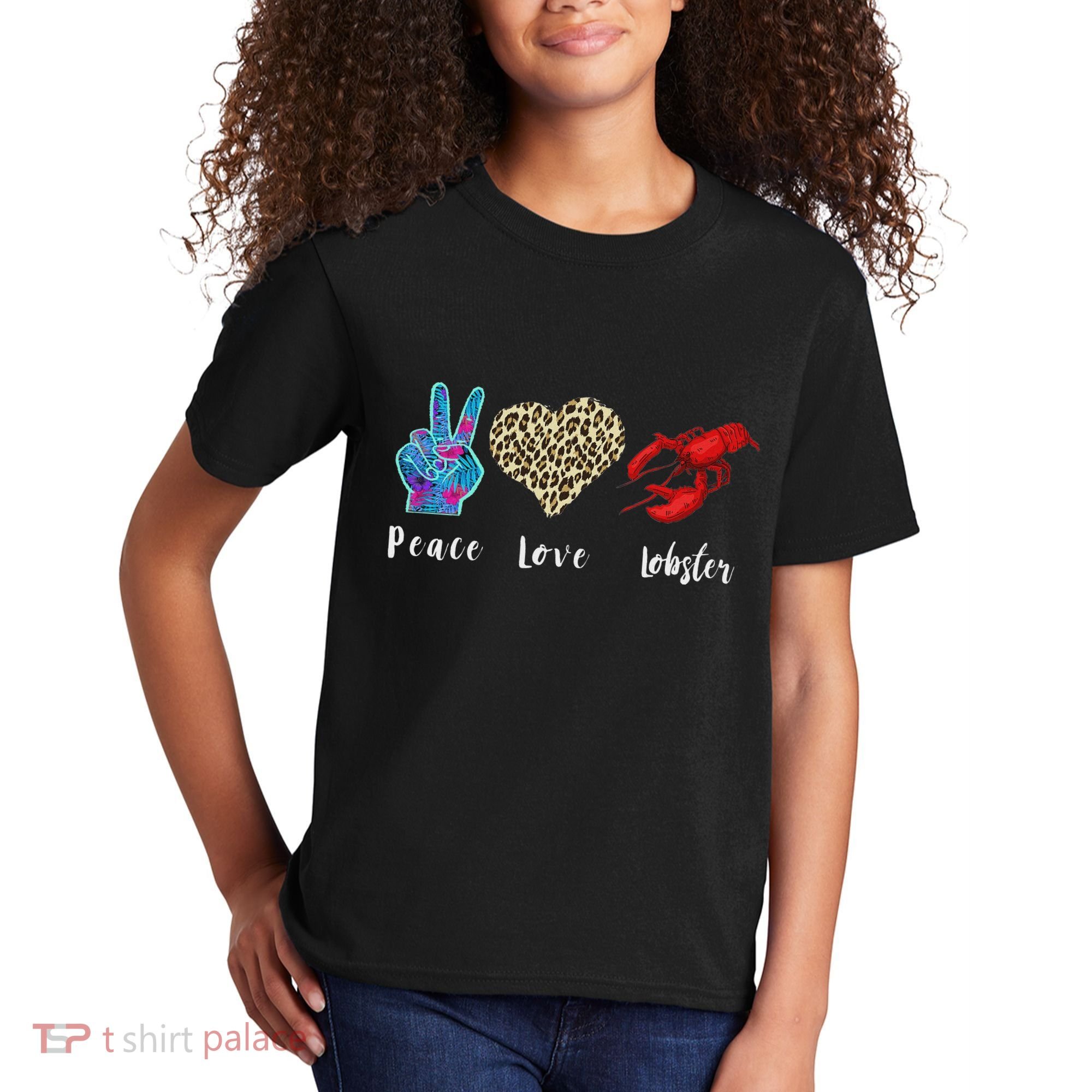 Love Peace Red Lobster Leopard Seafood Lover Lobster Eating Kids T-Shirt