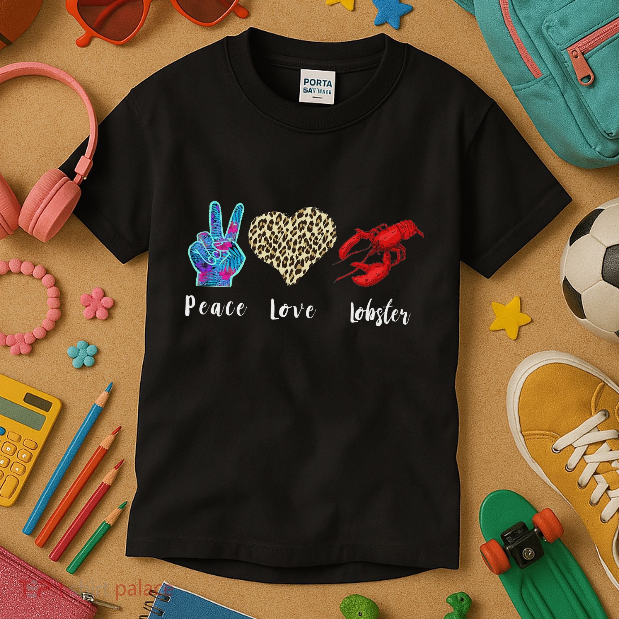 Love Peace Red Lobster Leopard Seafood Lover Lobster Eating Kids T-Shirt