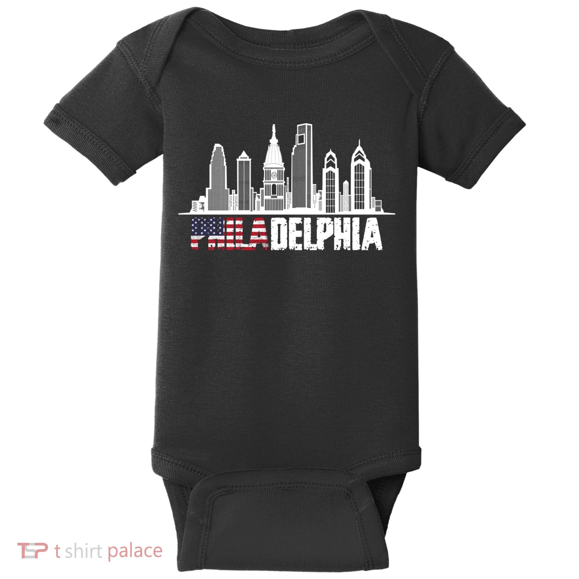 Love Philadelphia Skyline Downtown Cityscape Philly America Flag Baby Bodysuit