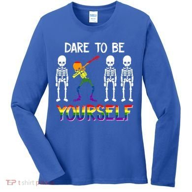 Lgbt Pride Skeleton Dabbing Dare To Be Yourself Outfit Gift Women's Long Sleeve Shirt