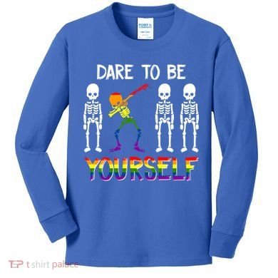 Lgbt Pride Skeleton Dabbing Dare To Be Yourself Outfit Gift Kids Long Sleeve Shirt