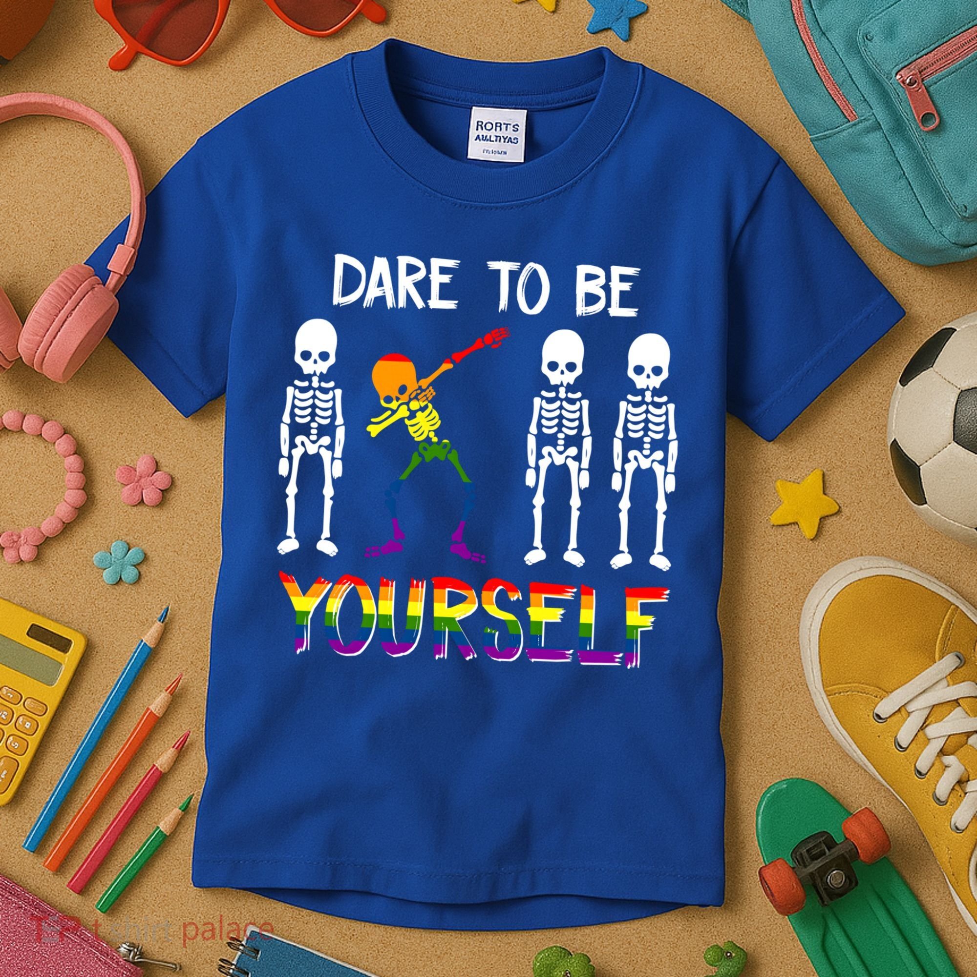 Lgbt Pride Skeleton Dabbing Dare To Be Yourself Outfit Gift Kids T-Shirt