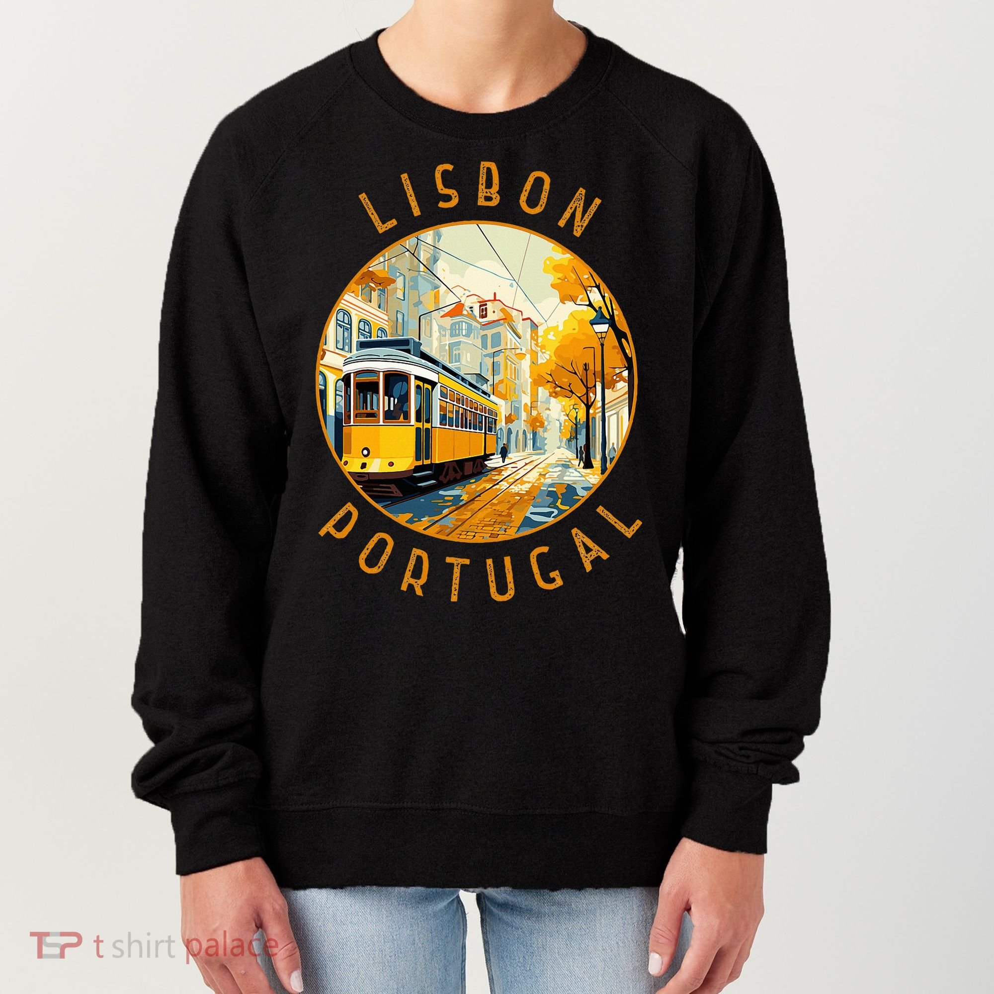 Lisbon Portugal Yellow Tram Retro Distressed Circle Women's Sweatshirt