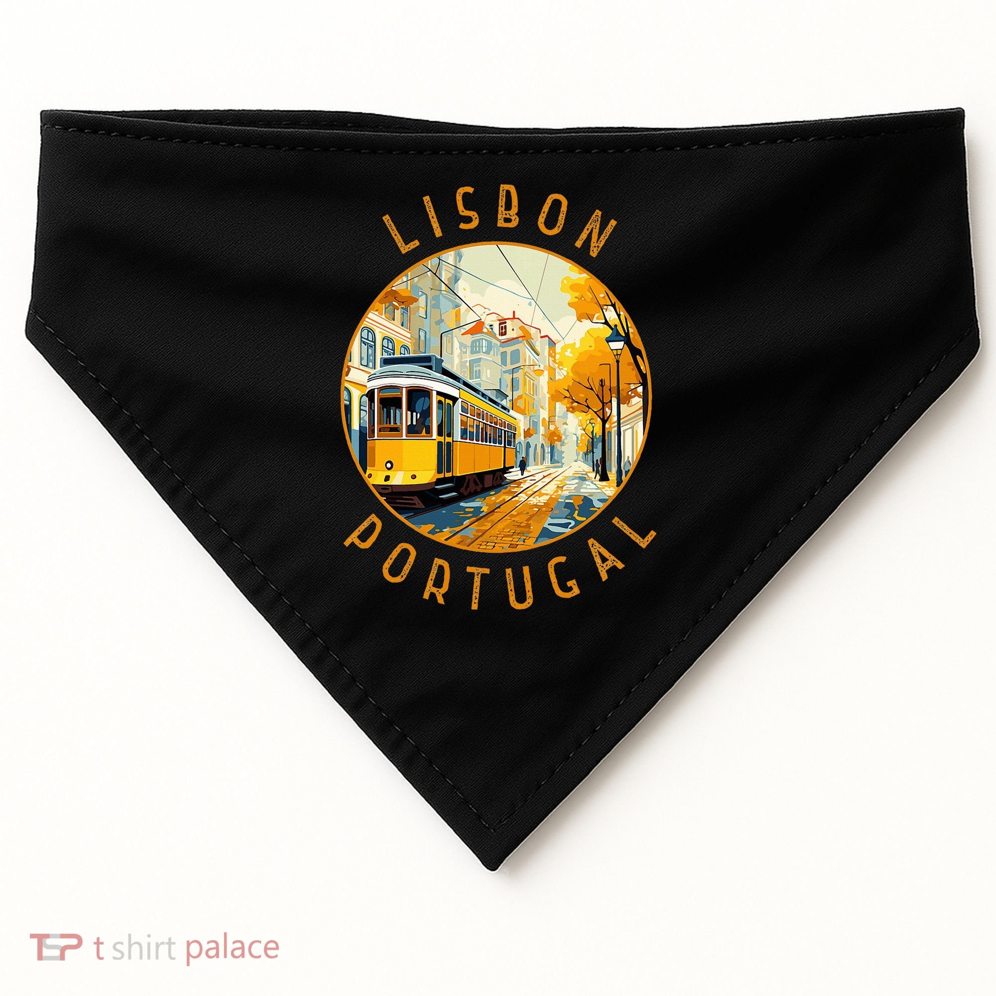 Lisbon Portugal Yellow Tram Retro Distressed Circle USA-Made Doggie Bandana