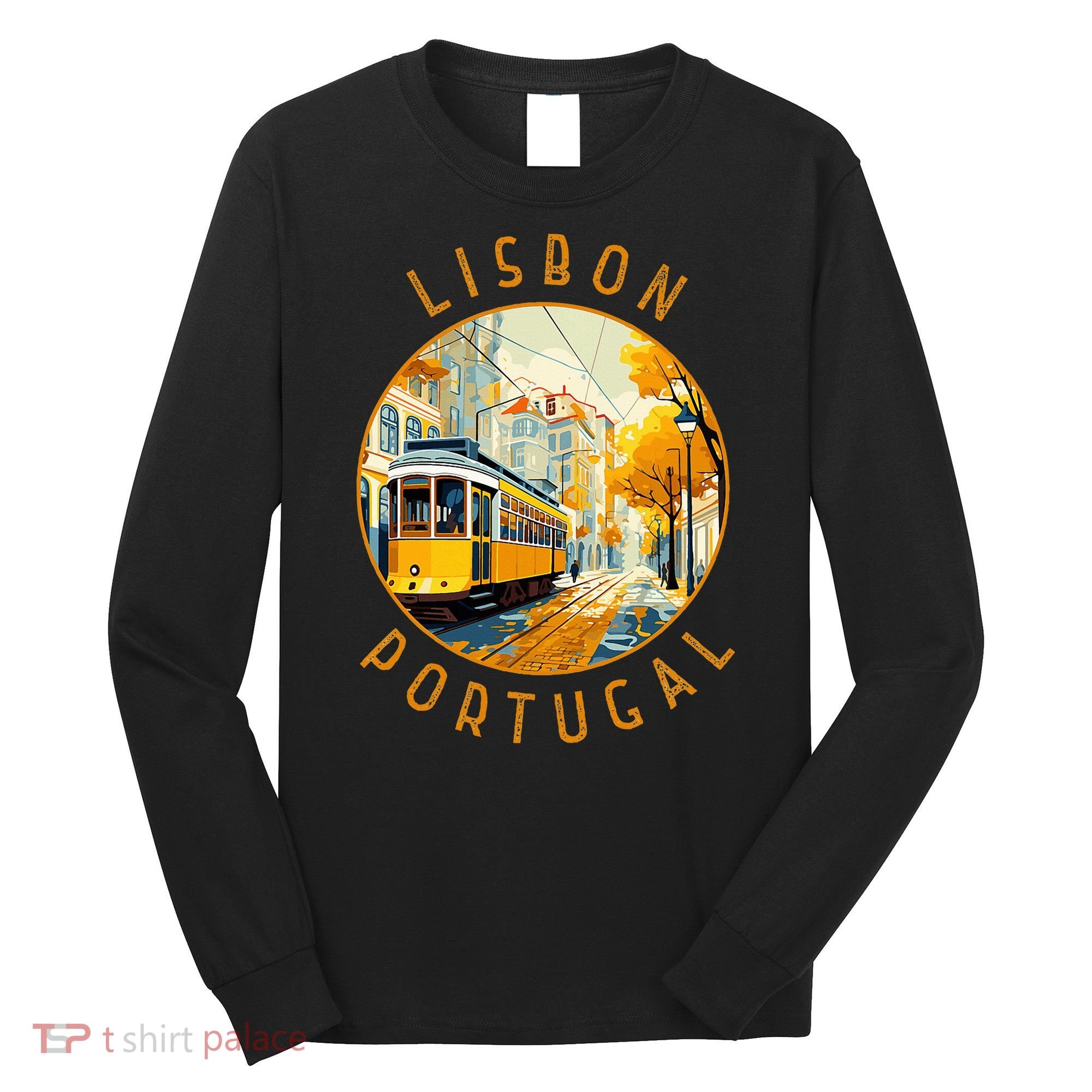 Lisbon Portugal Yellow Tram Retro Distressed Circle Long Sleeve Shirt