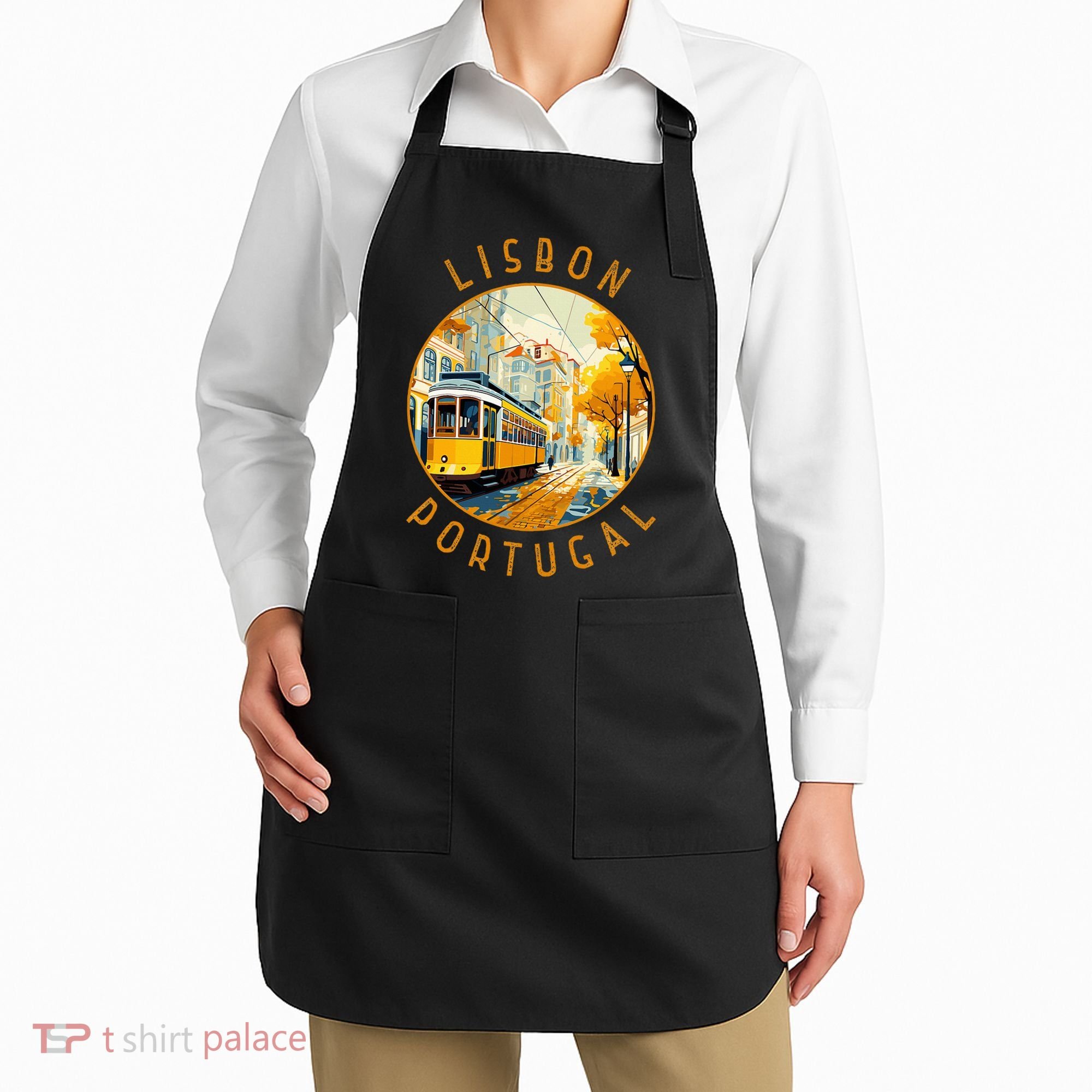 Lisbon Portugal Yellow Tram Retro Distressed Circle Apron