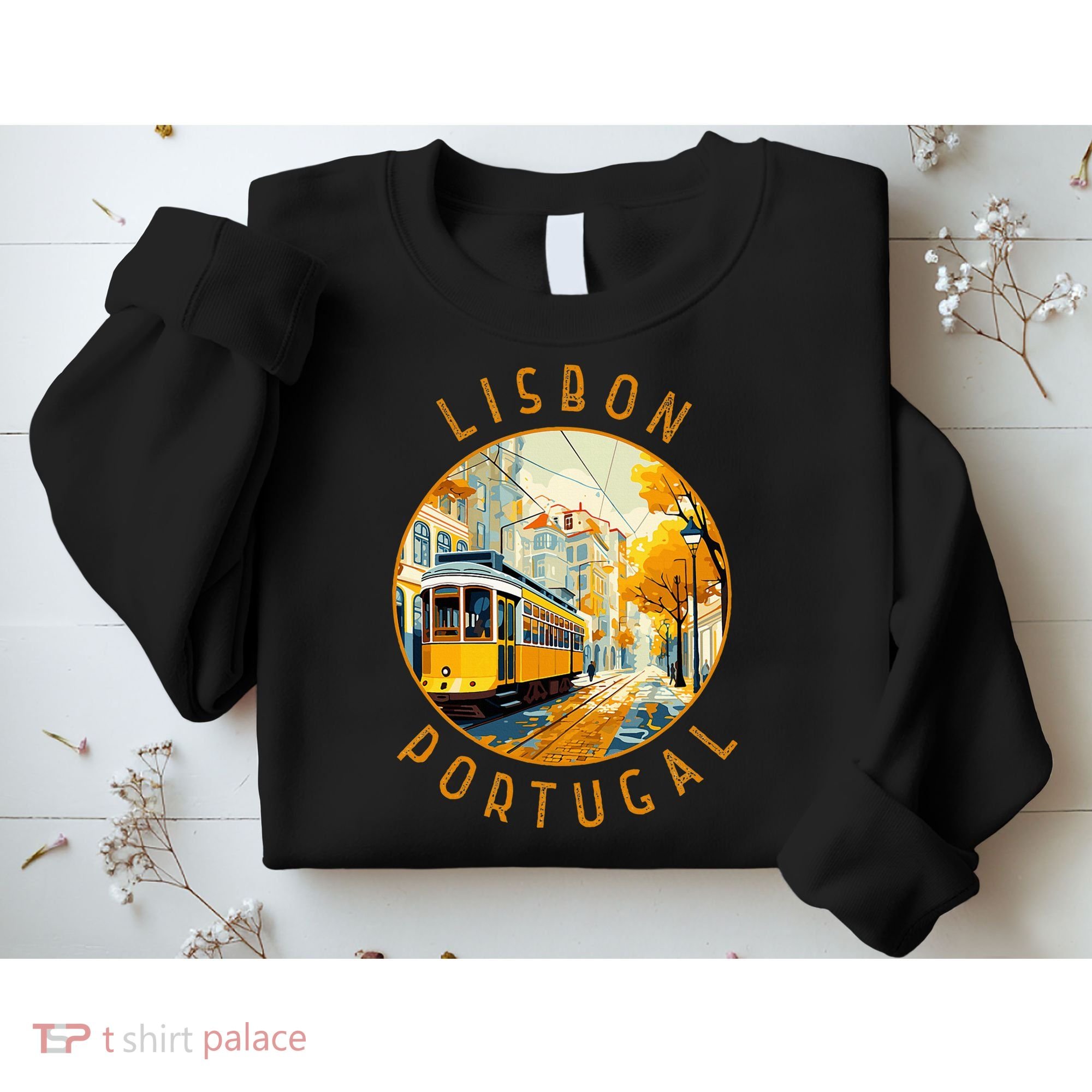 Lisbon Portugal Yellow Tram Retro Distressed Circle Sweatshirt