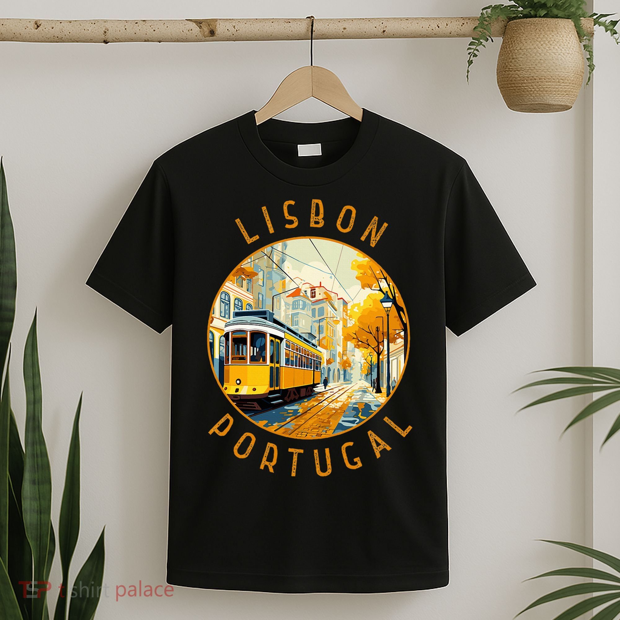 Lisbon Portugal Yellow Tram Retro Distressed Circle T-Shirt