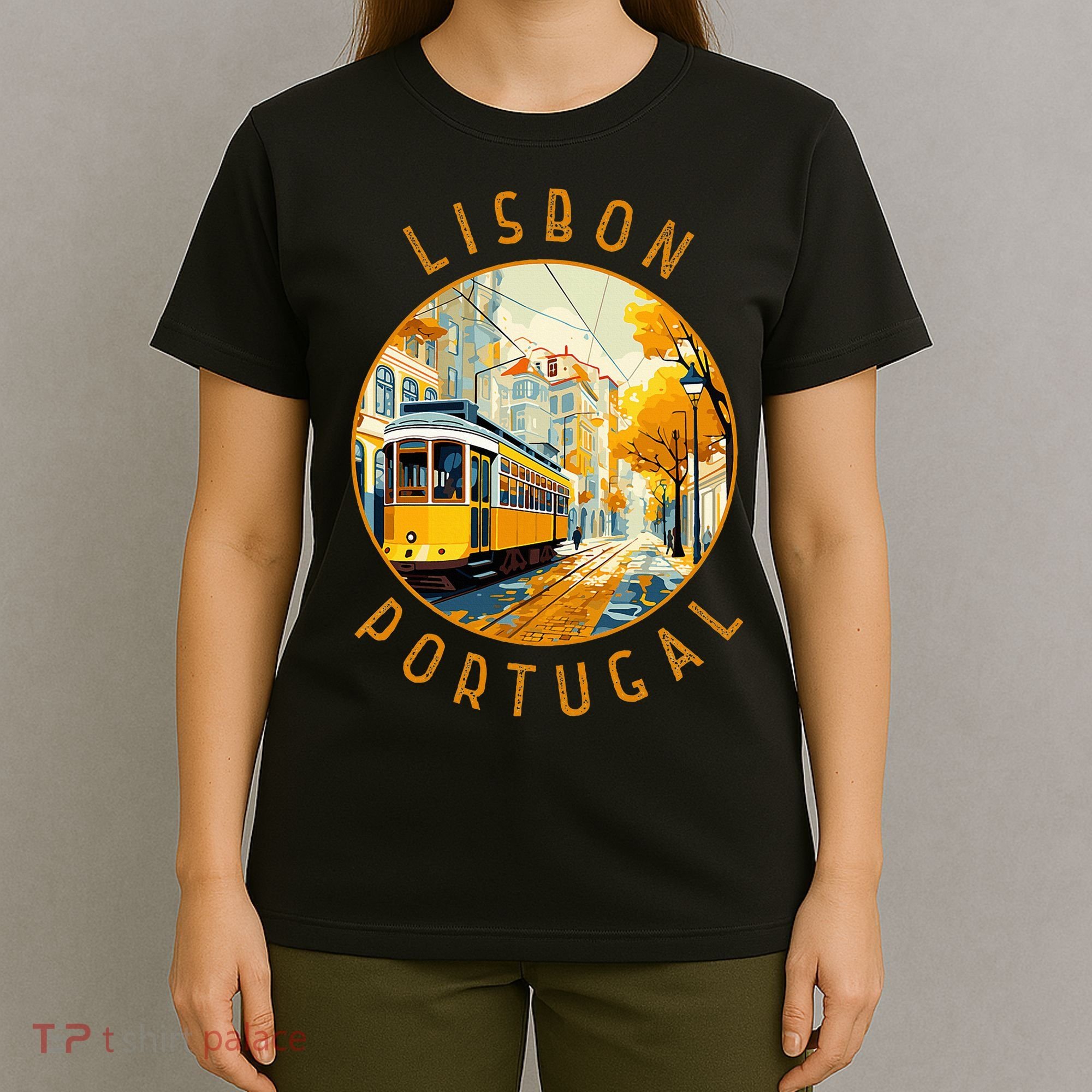 Lisbon Portugal Yellow Tram Retro Distressed Circle T-Shirt