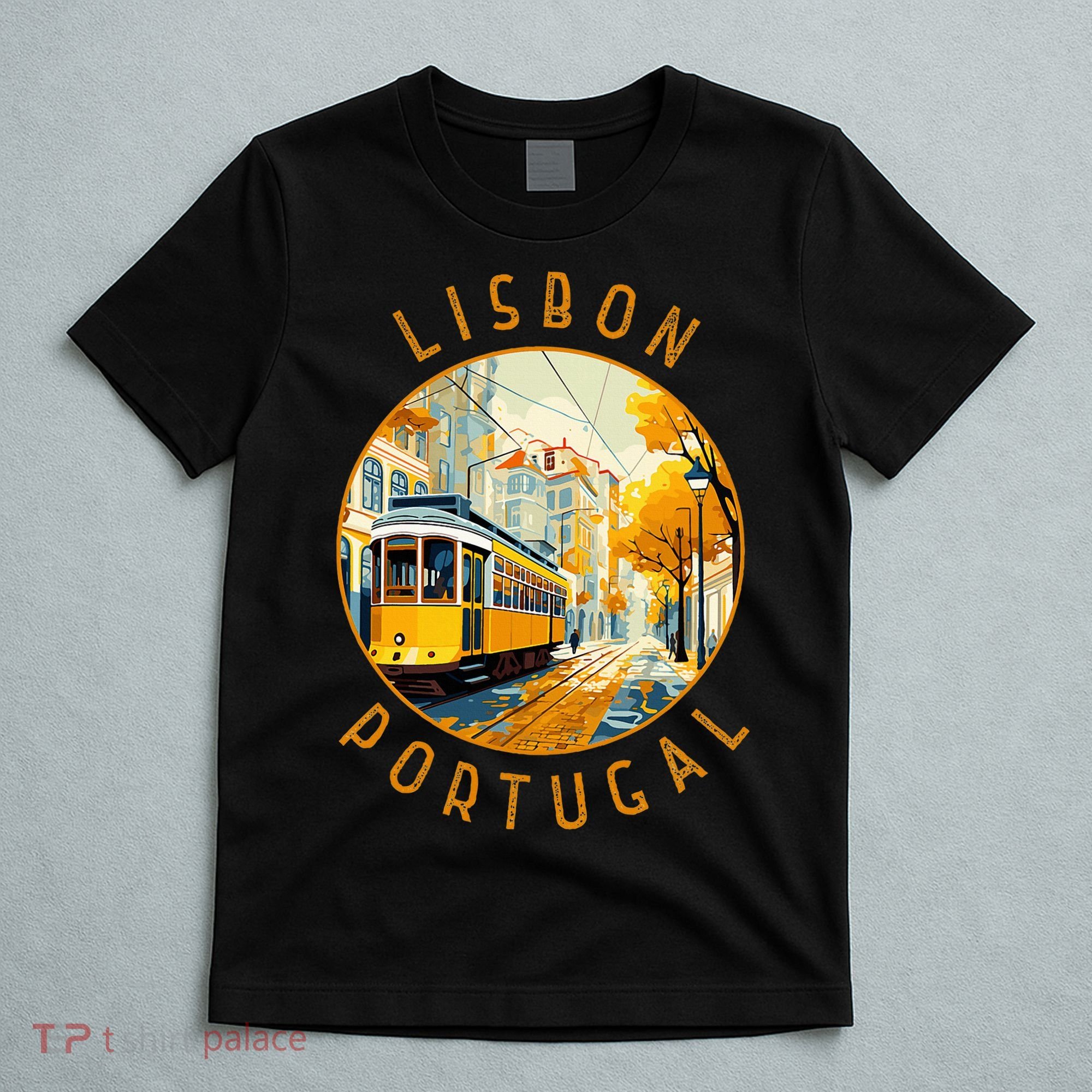 Lisbon Portugal Yellow Tram Retro Distressed Circle T-Shirt