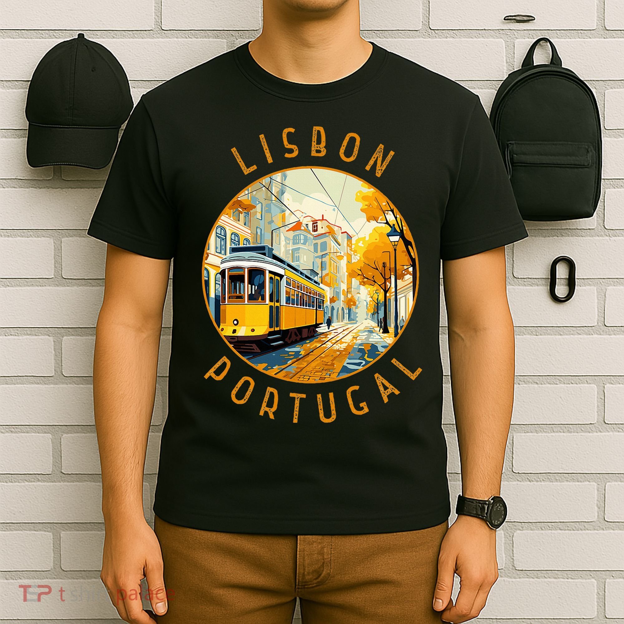 Lisbon Portugal Yellow Tram Retro Distressed Circle T-Shirt
