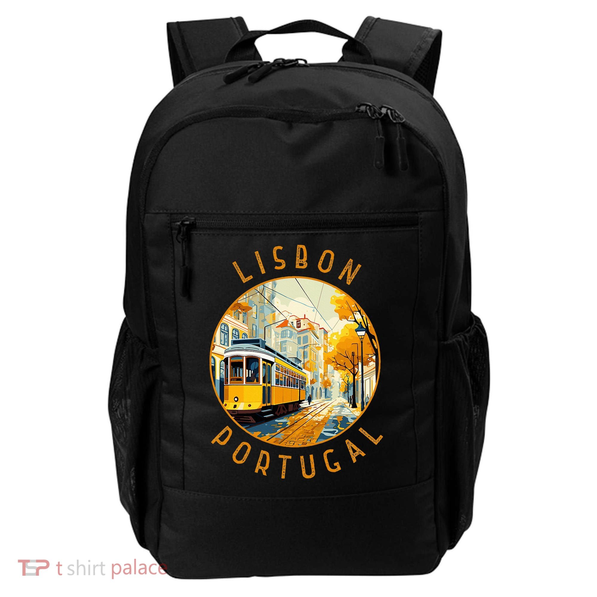 Lisbon Portugal Yellow Tram Retro Distressed Circle Backpack