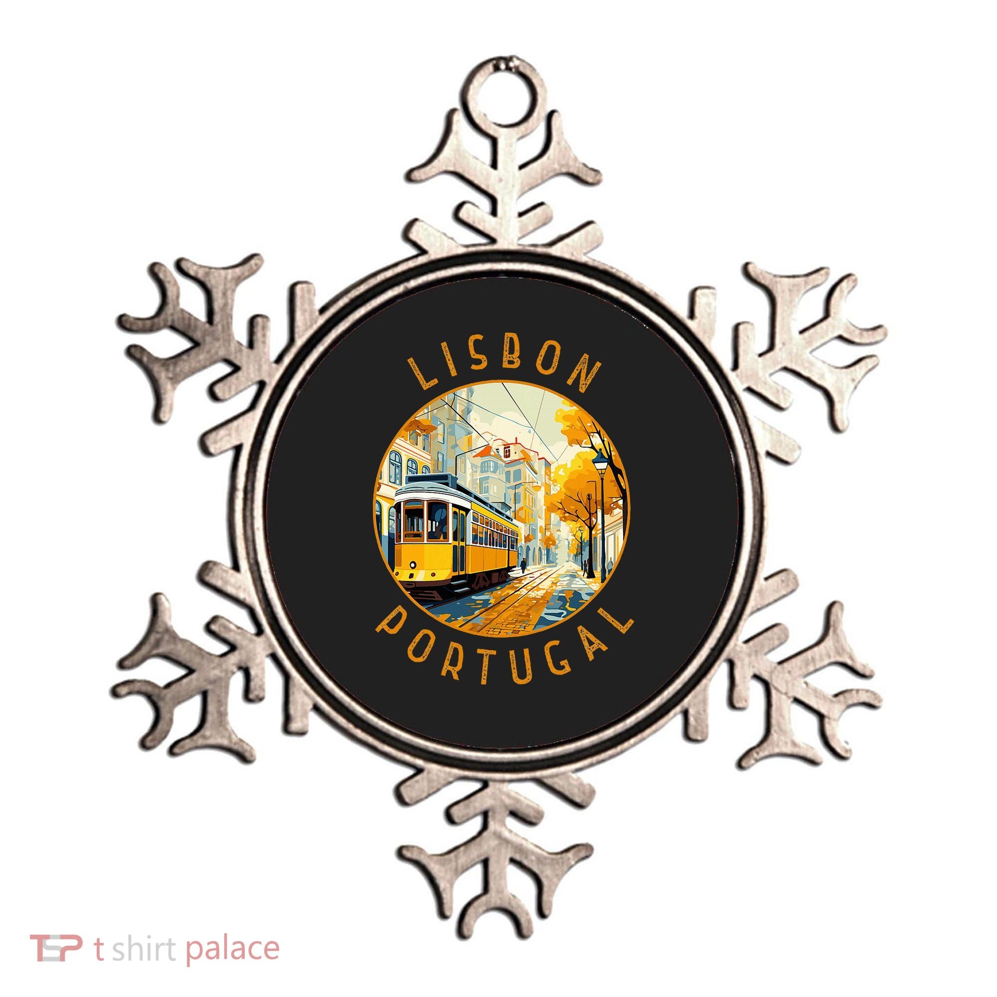 Lisbon Portugal Yellow Tram Retro Distressed Circle Ornament