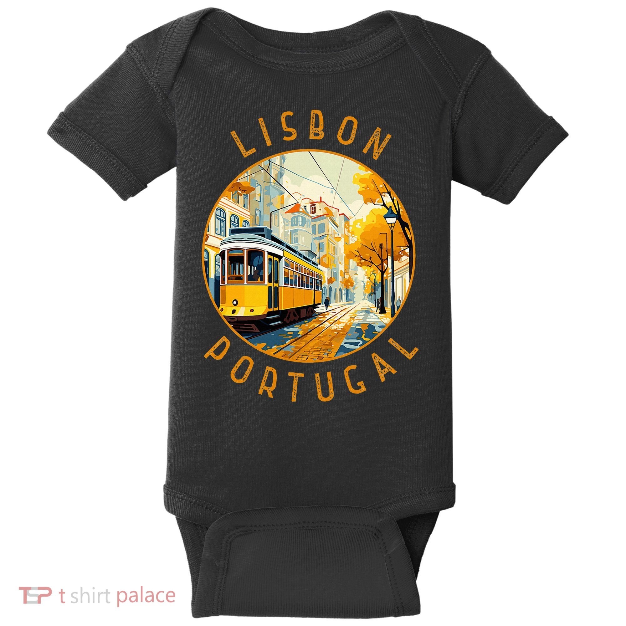 Lisbon Portugal Yellow Tram Retro Distressed Circle Baby Bodysuit