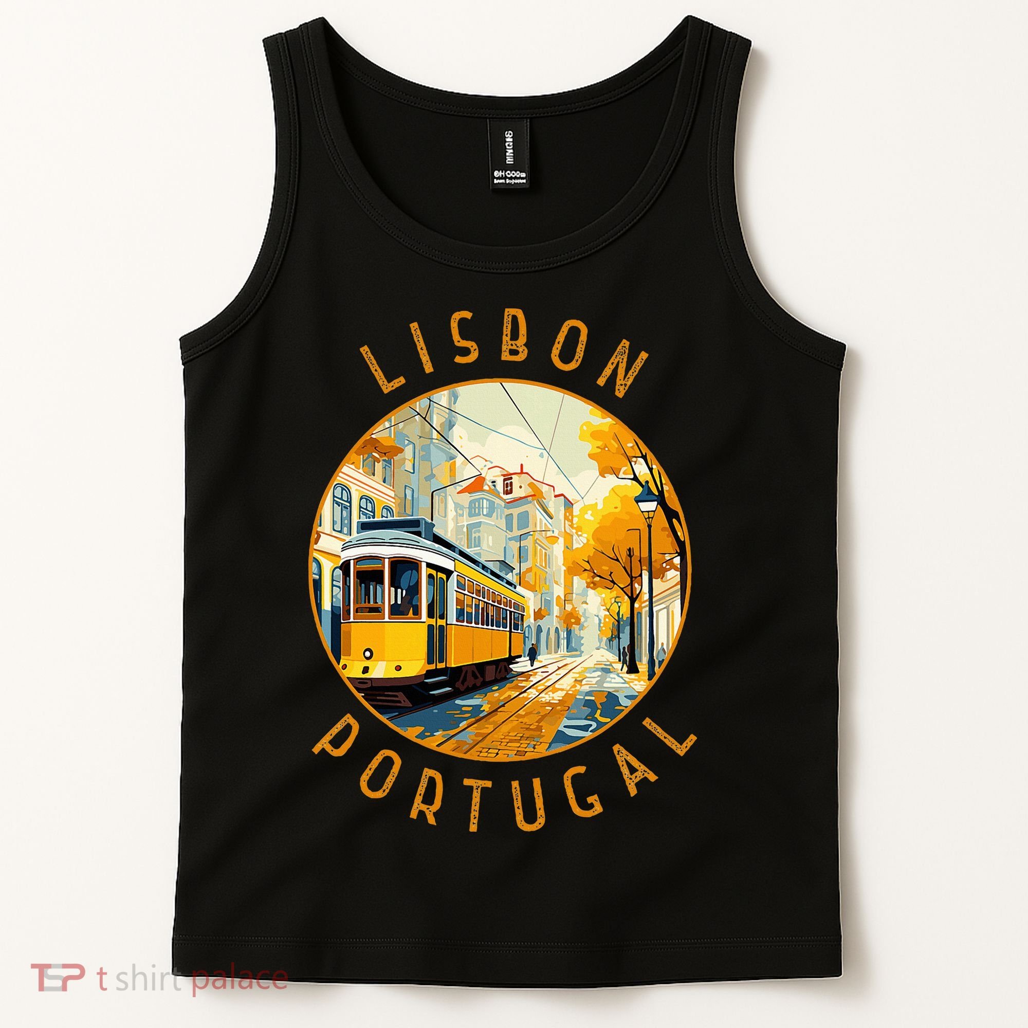Lisbon Portugal Yellow Tram Retro Distressed Circle Tank Top