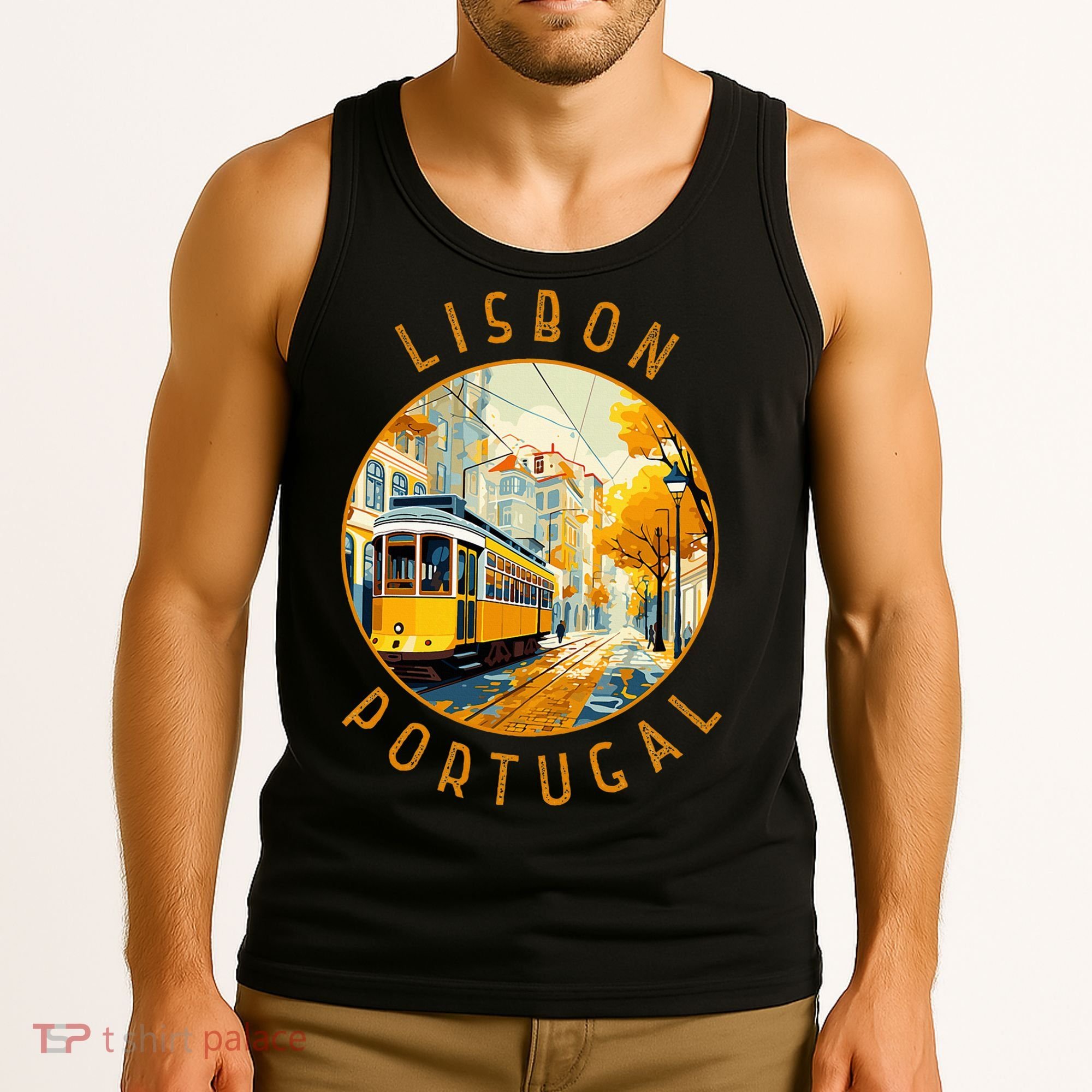Lisbon Portugal Yellow Tram Retro Distressed Circle Tank Top
