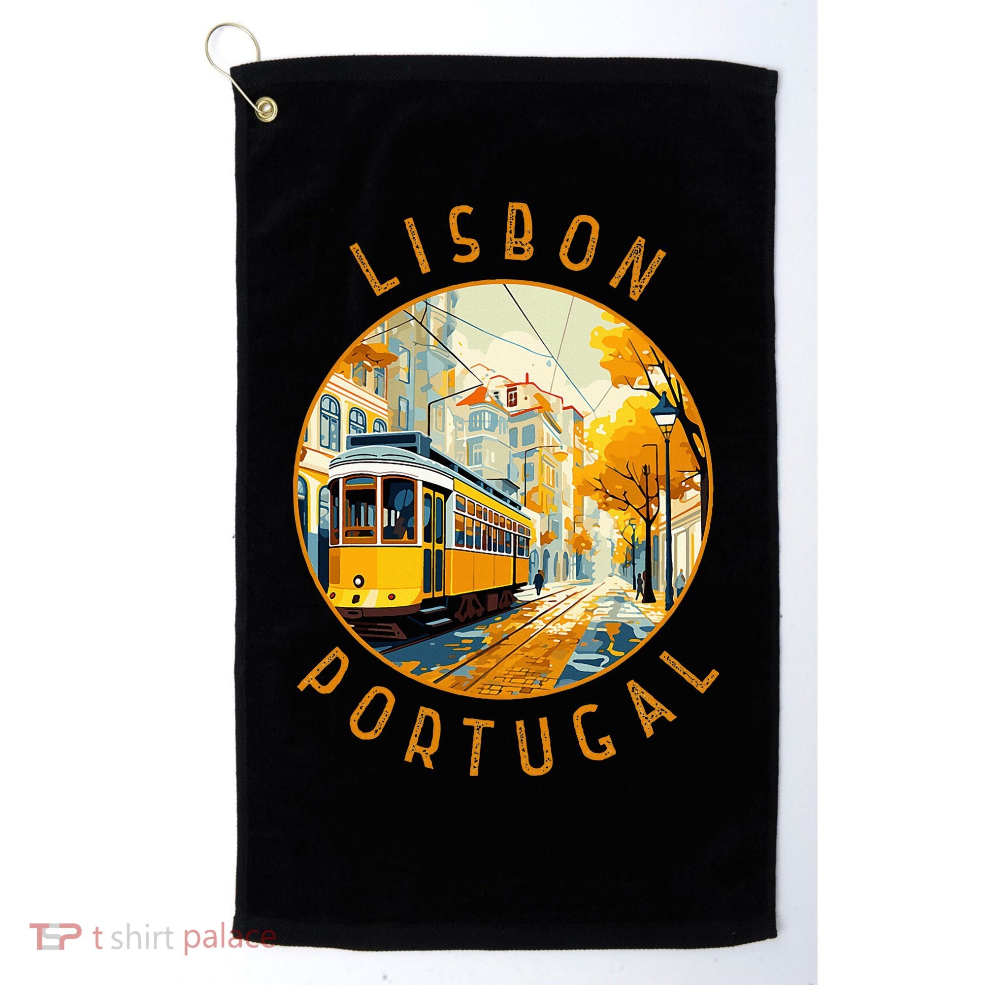 Lisbon Portugal Yellow Tram Retro Distressed Circle Golf Towel