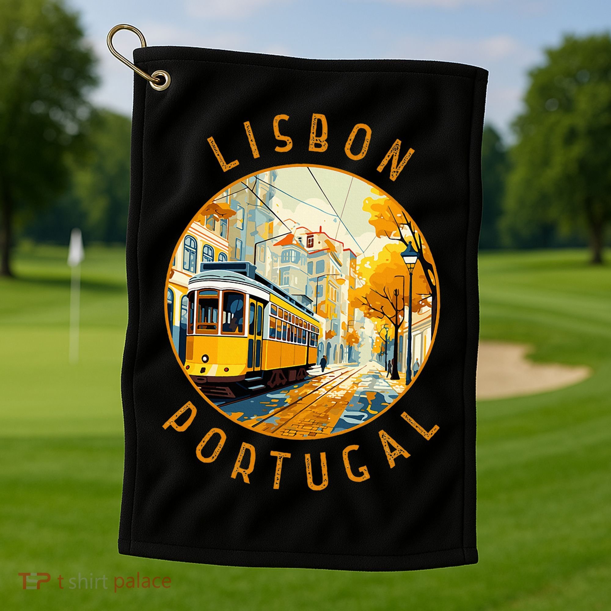 Lisbon Portugal Yellow Tram Retro Distressed Circle Golf Towel