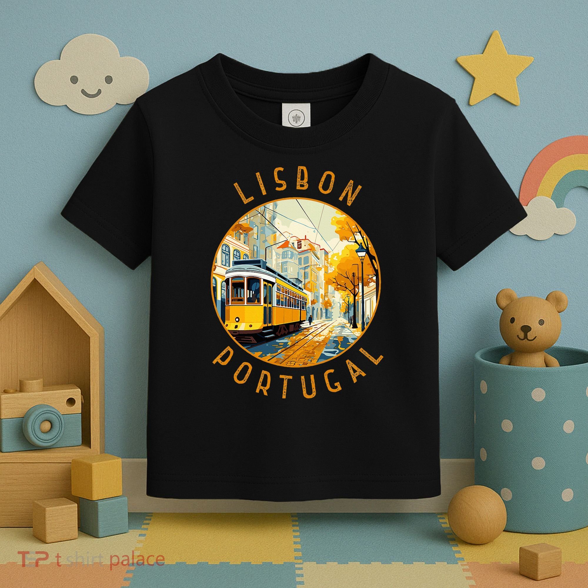 Lisbon Portugal Yellow Tram Retro Distressed Circle Toddler T-Shirt