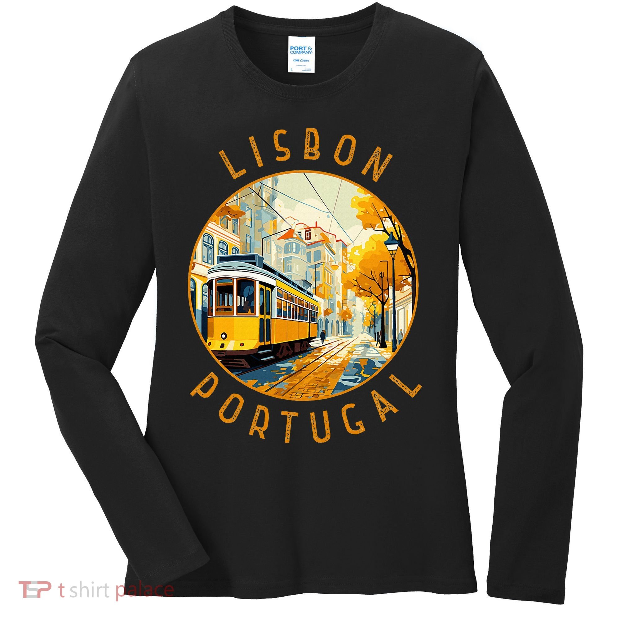 Lisbon Portugal Yellow Tram Retro Distressed Circle Women's Long Sleeve Shirt