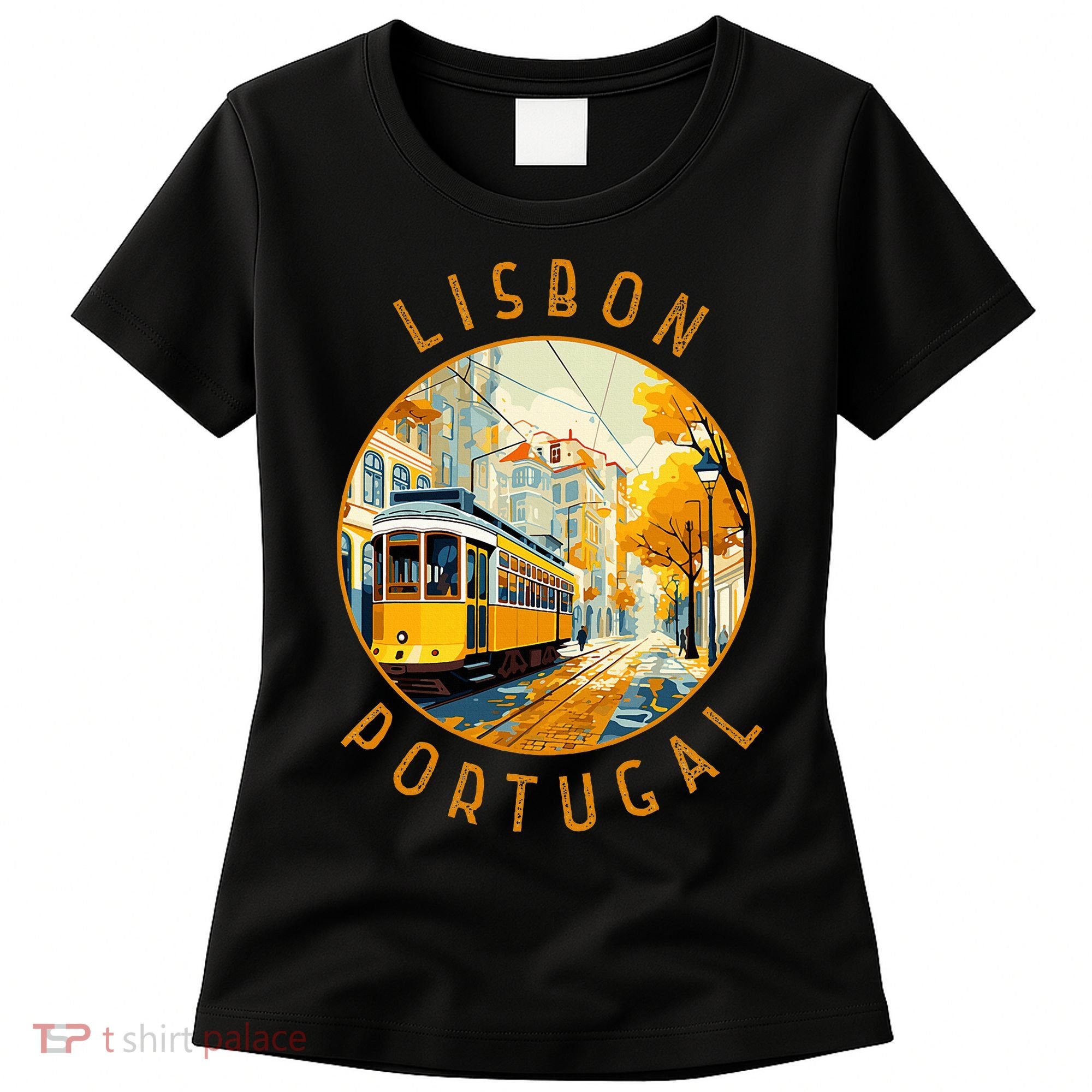 Lisbon Portugal Yellow Tram Retro Distressed Circle Women's T-Shirt