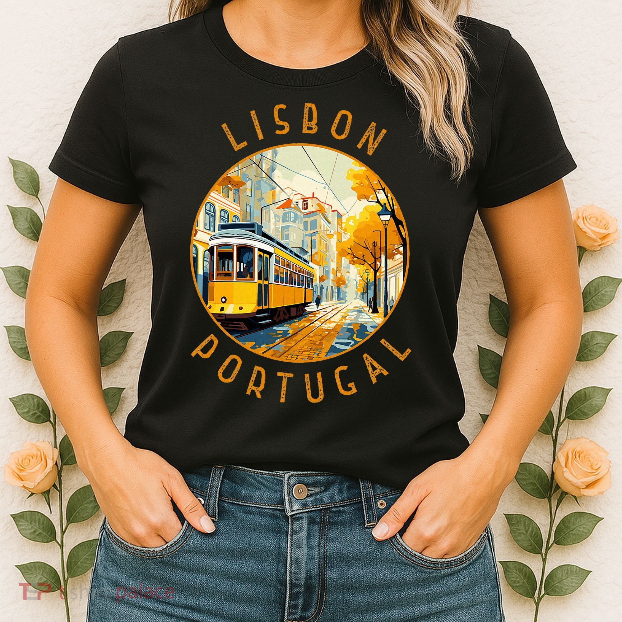 Lisbon Portugal Yellow Tram Retro Distressed Circle Women's T-Shirt