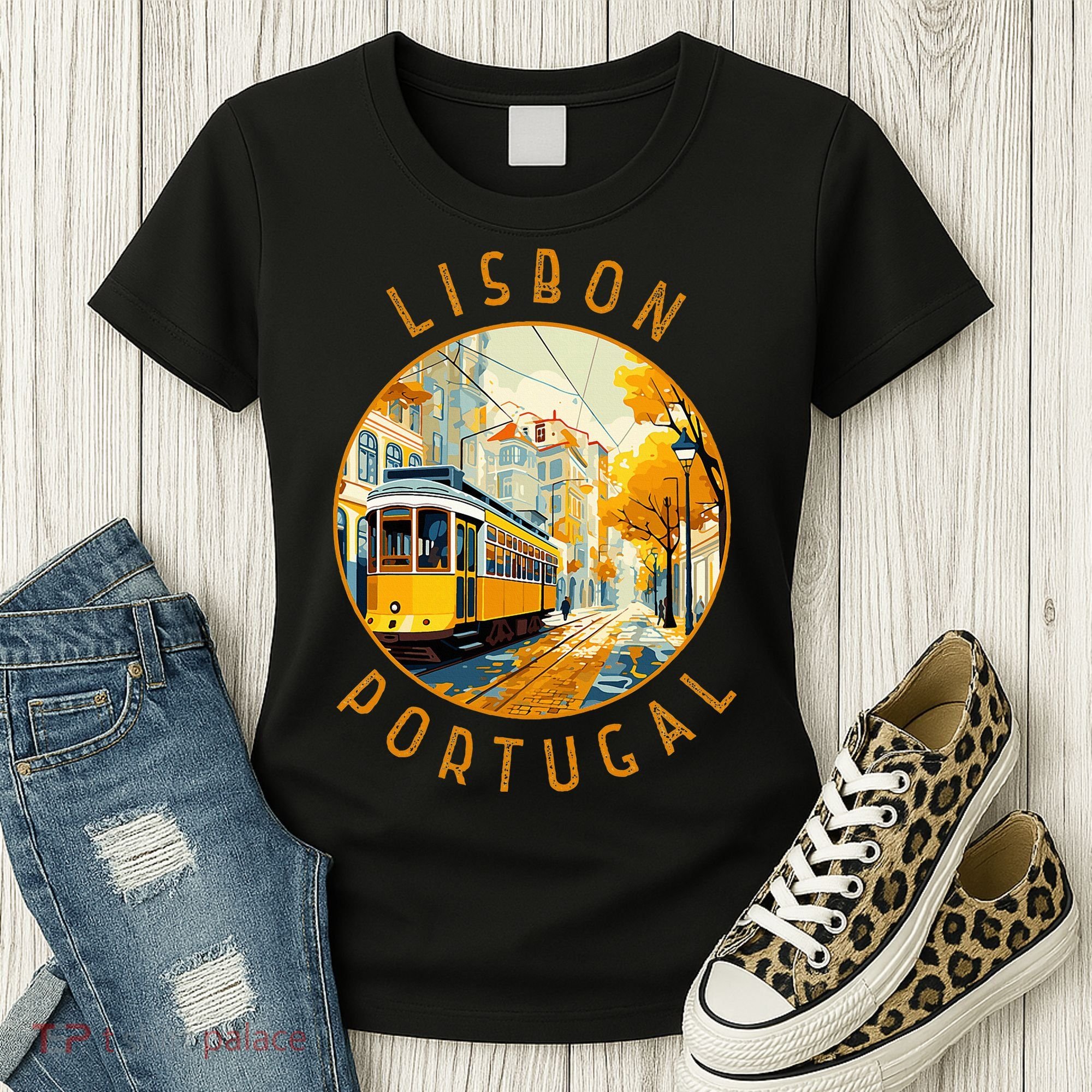 Lisbon Portugal Yellow Tram Retro Distressed Circle Women's T-Shirt