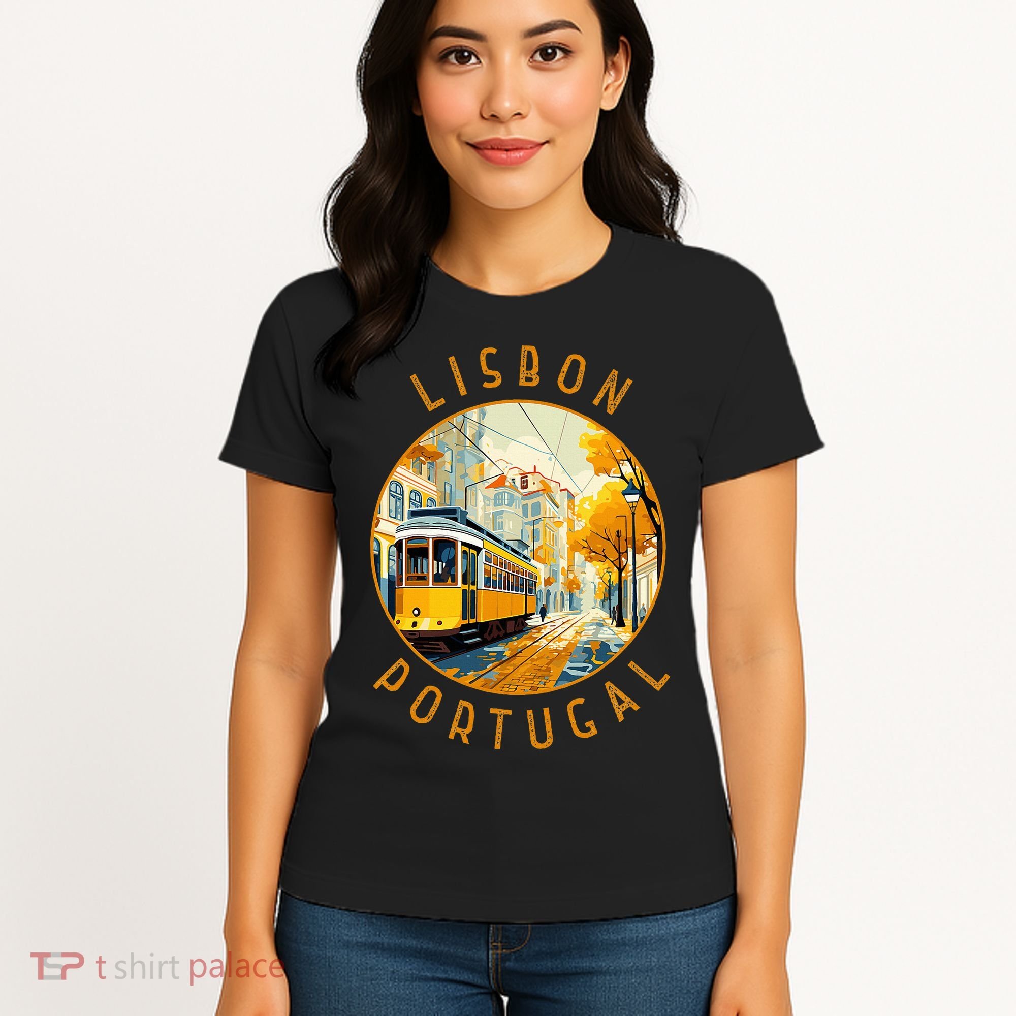 Lisbon Portugal Yellow Tram Retro Distressed Circle Women's T-Shirt